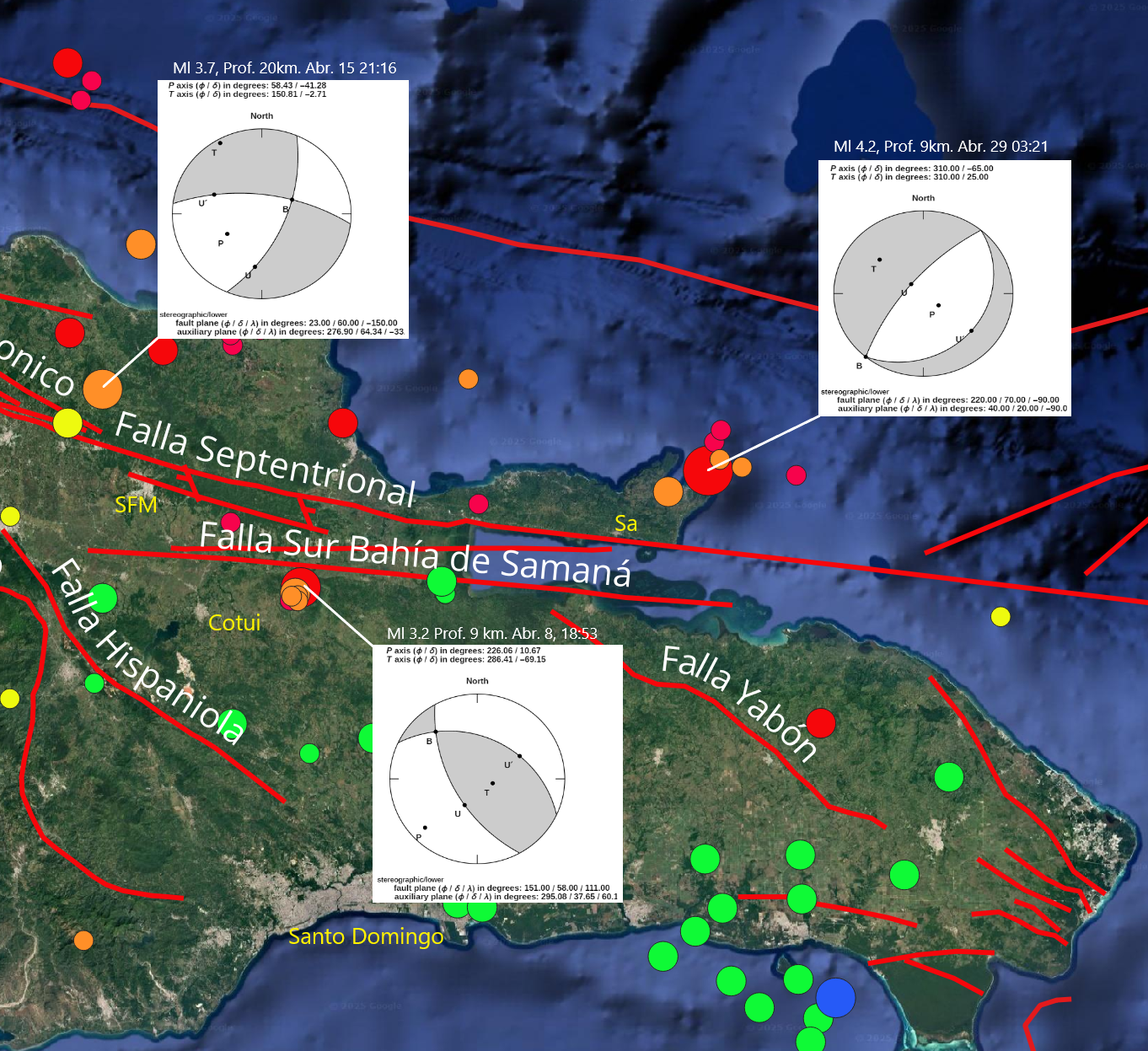 Imagen N° 3 mapa parcial de La Española mostrando ubicación de los tres temblores registrados con mecanismo focal determinado (en recuadros)