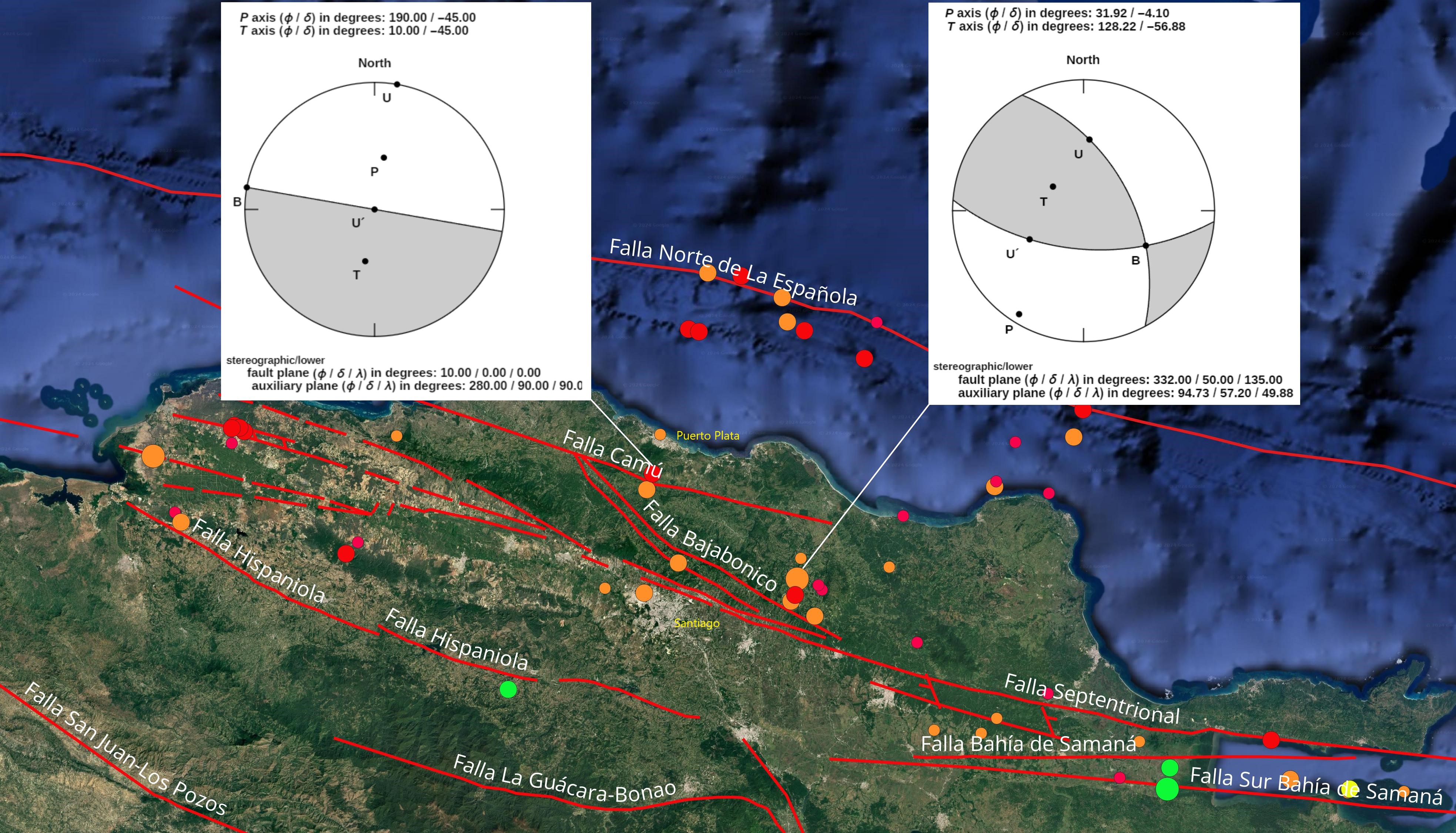 Imagen N° 3 mostrando ampliación de la sismicidad al norte de la República Dominicana y con recuadros, los gráficos de los mecanismos focales obtenidos para los eventos del 9 y 25 de diciembre.