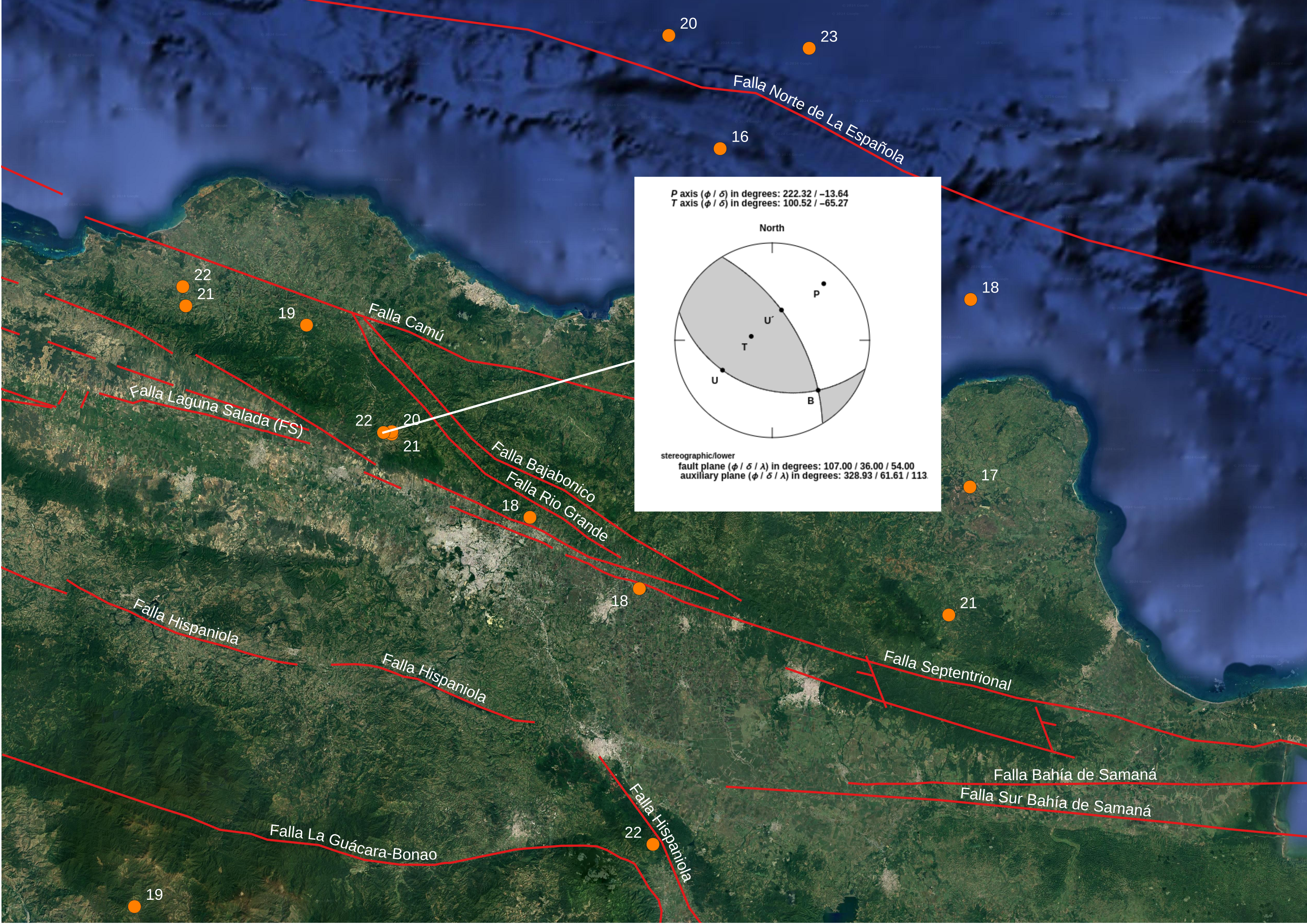Figura 4, mapa detallando Región norcentral de la República Dominicana mostrando en recuadro el mecanismo focal del temblor de Ml 3.0 al norte de Navarrete. Se indican las profundidades en km. al lado de los epicentros.