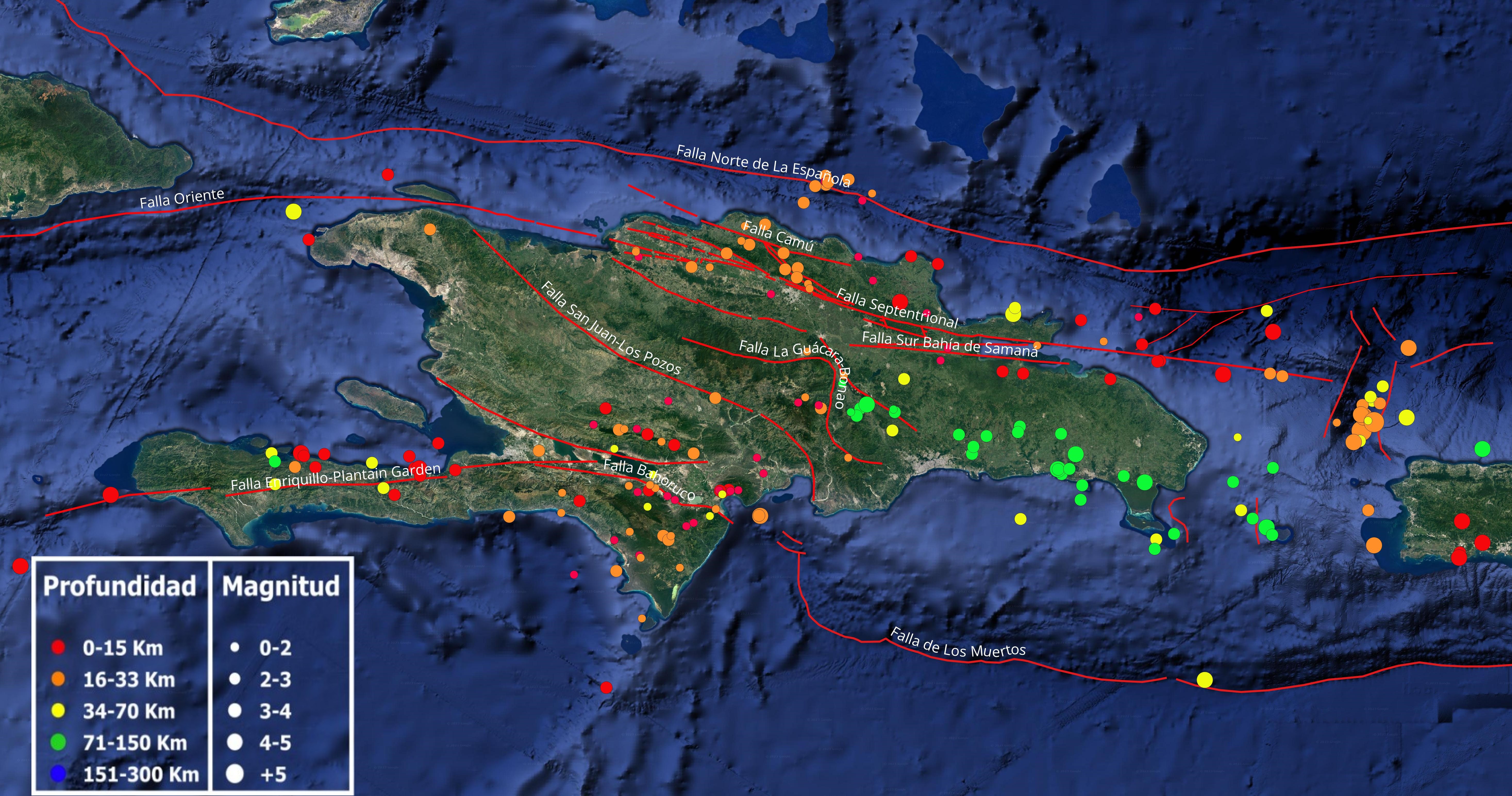 Imagen N° 1 cortesía de Google Earth mostrando toda la actividad sísmica de la isla de La Española durante el mes de marzo 2024. Se representan con líneas rojas las principales fallas geológicas presuntamente activas compiladas de los principales estudios publicados. 