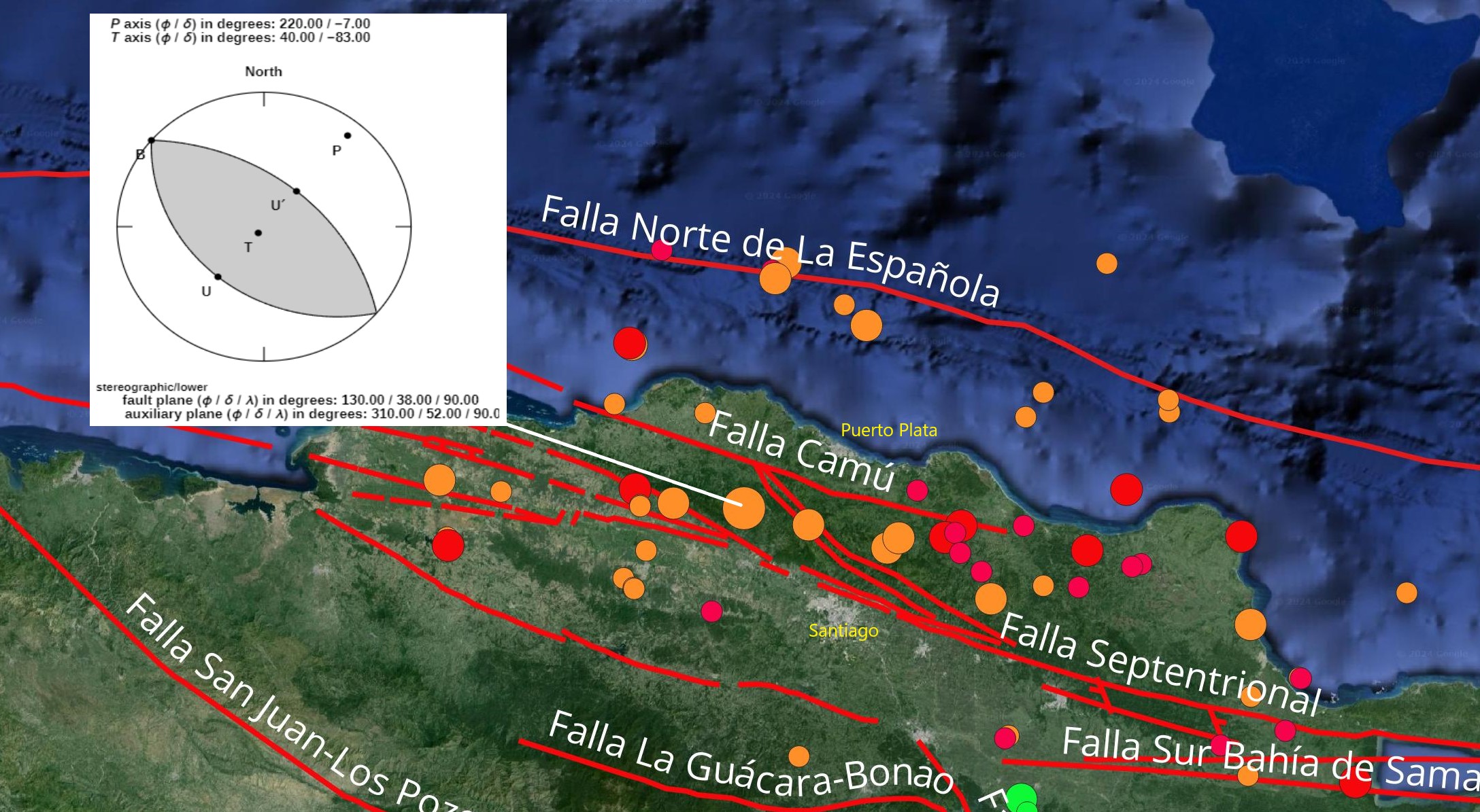 Imagen N° 4 mostrando detalle de la sismicidad al norte de La Española y en recuadro: 