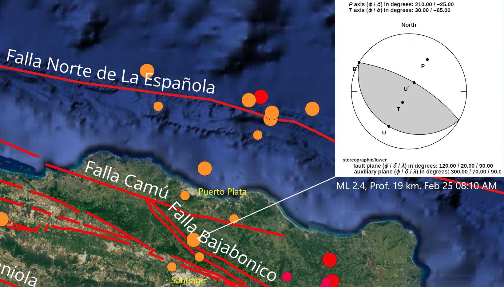 Imagen N° 5 mostrando detalle del sismo de Ml 2.4 al norte de Santiago. EN recuadro, gráfico del mecanismo focal de evento sísmico.