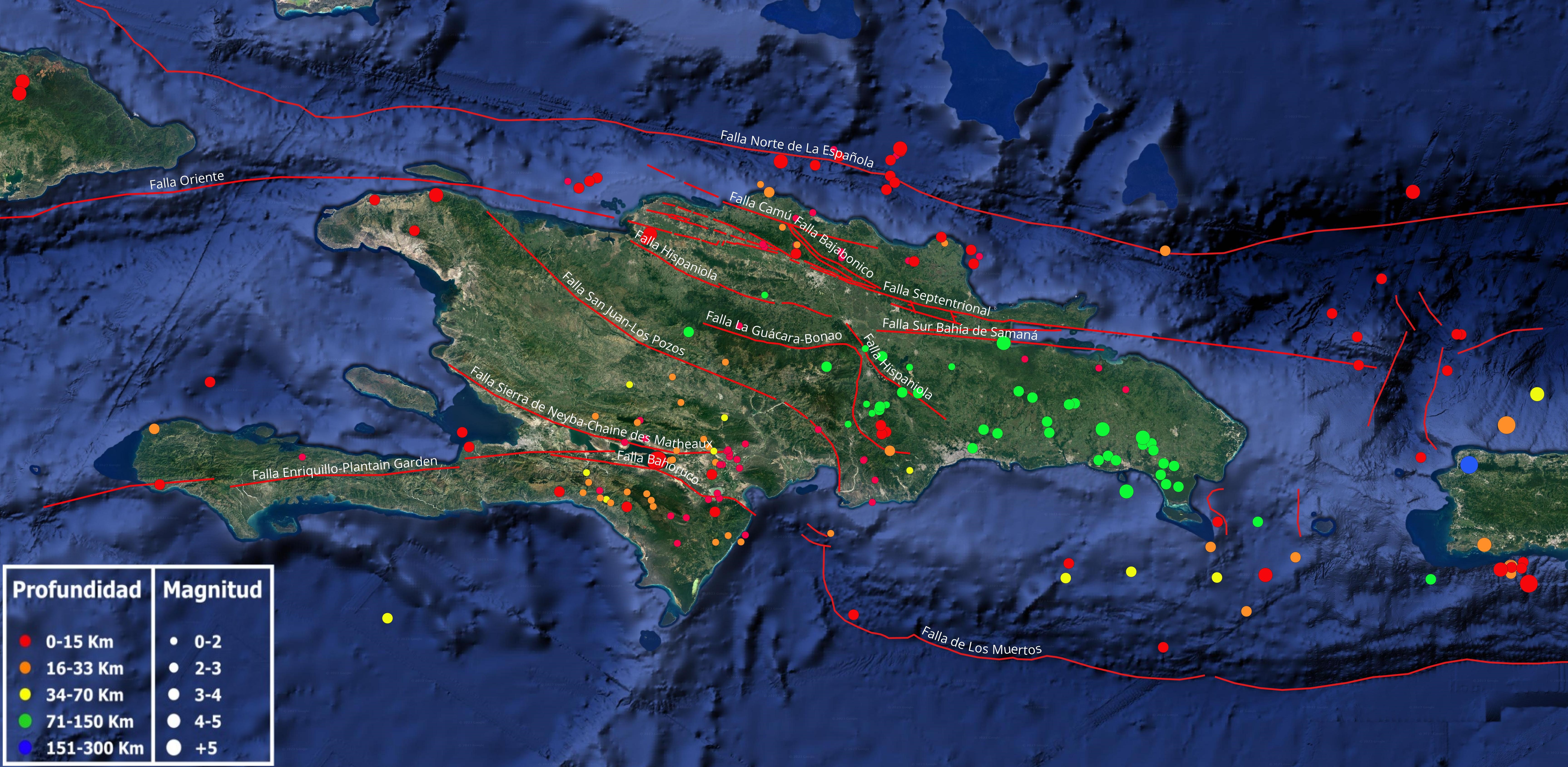 Imagen N° 1: Mapa cortesía de Google Earth mostrando la distribución de la sismicidad durante el mes de octubre 2023. Con lineamientos rojos, las principales falla geológicas de nuestra isla de La Española (compilado de varios autores)