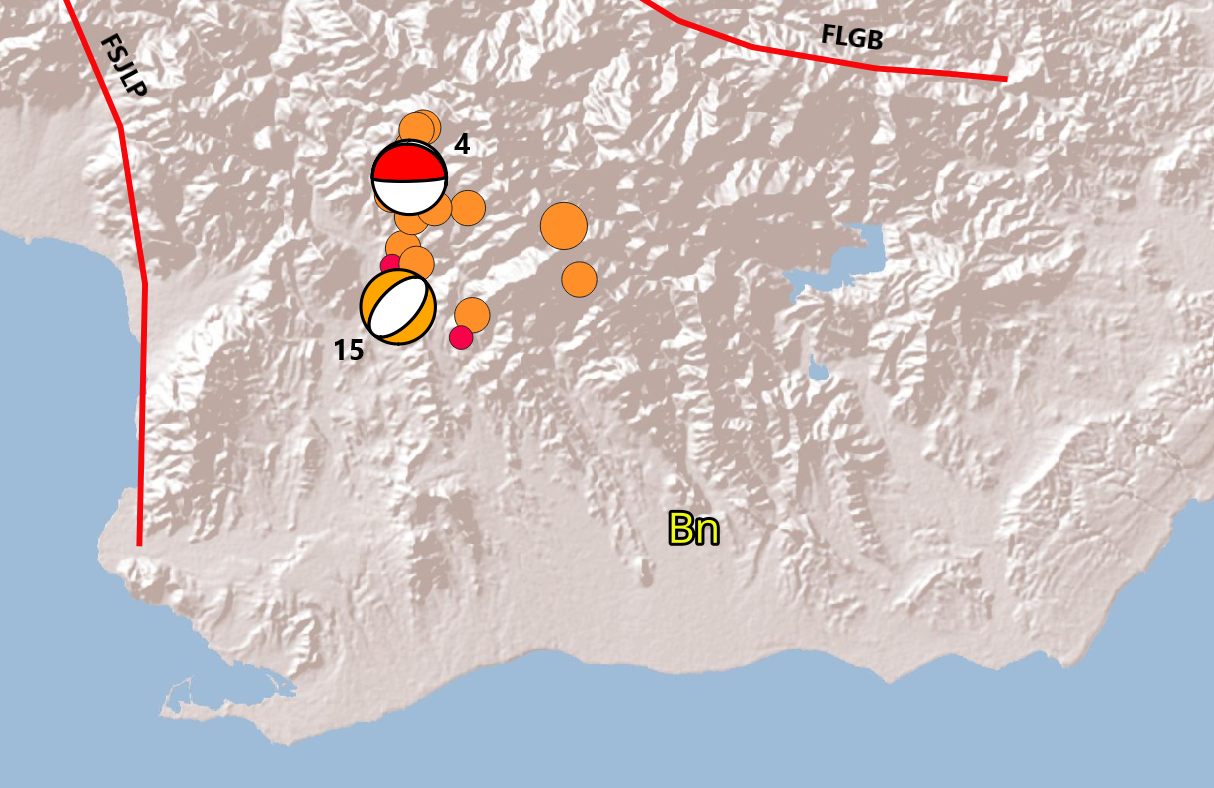 Imagen N° 4, detalle de la sismicidad asociada al temblor de Ml 4.5 del día 4 de septiembre al noroeste de Baní (Bn) mostrando réplicas y