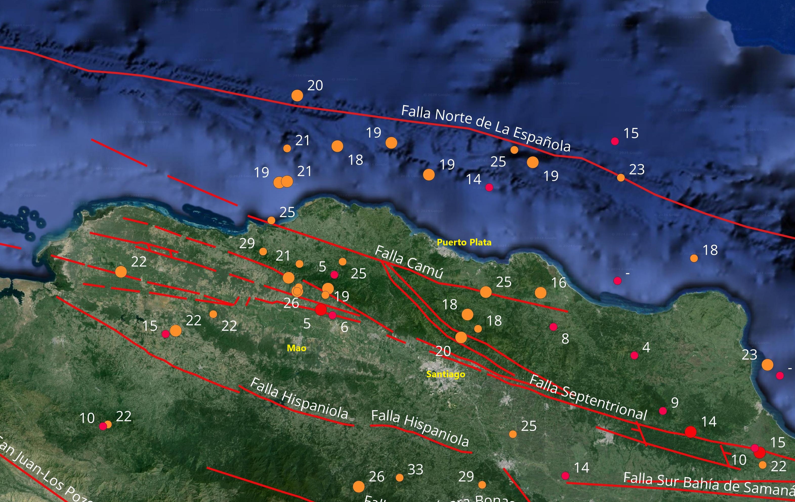 Imagen N° 3: Aquí podemos ver la baja sismicidad  entre las Falla San Juan-Los Pozos y Falla Hispaniola. Se observa actividad sísmica al norte de Puerto Plata y Mao.