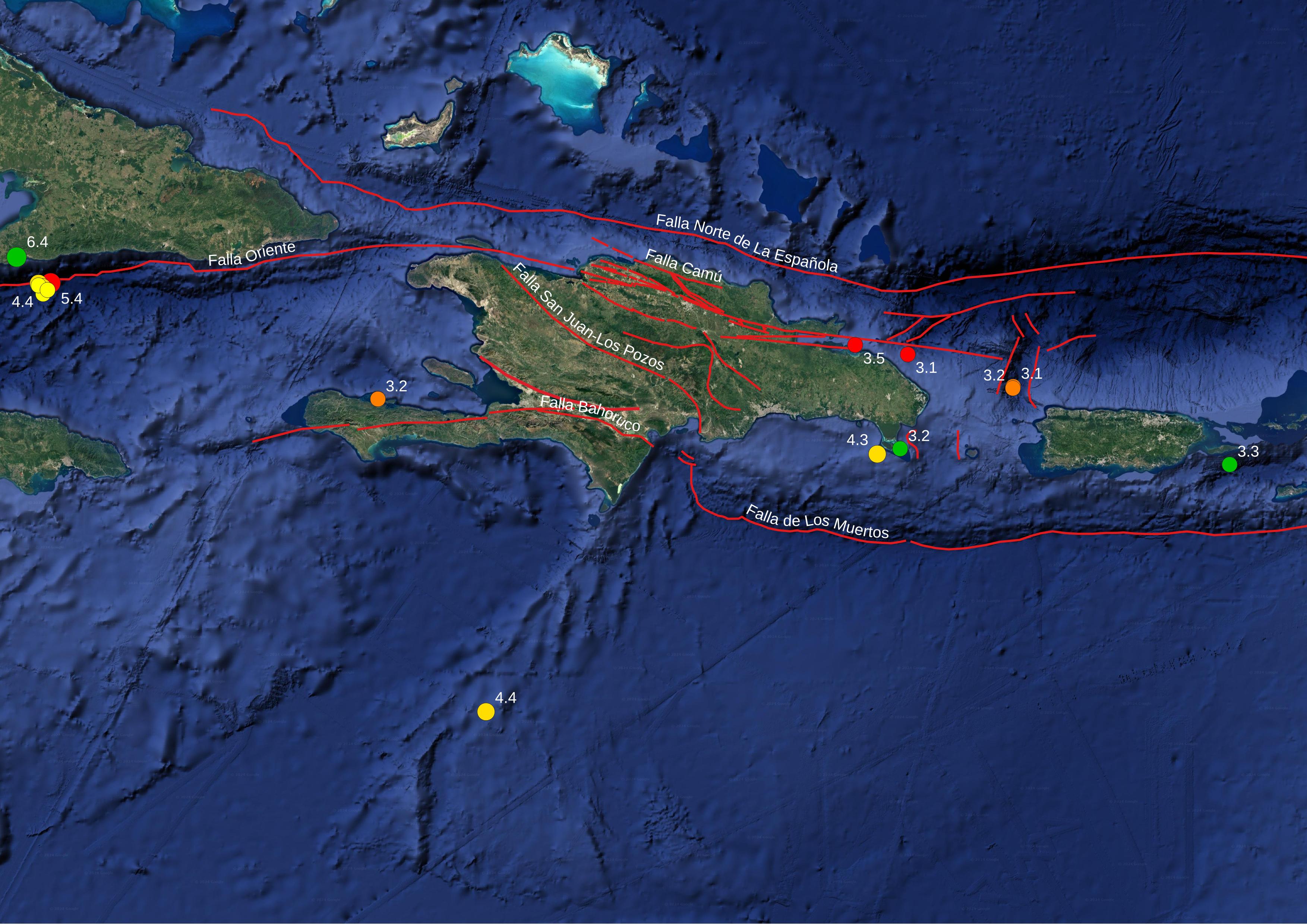 Imagen N° 3, mapa que muestra los eventos con magnitudes mayor e igual a 3. Los mismos se encuentran en los alrededores de La Isla La Española, el Océano Atlántico y al suroeste de Cuba. Además, se muestra el enjambre al sureste de Cuba. 