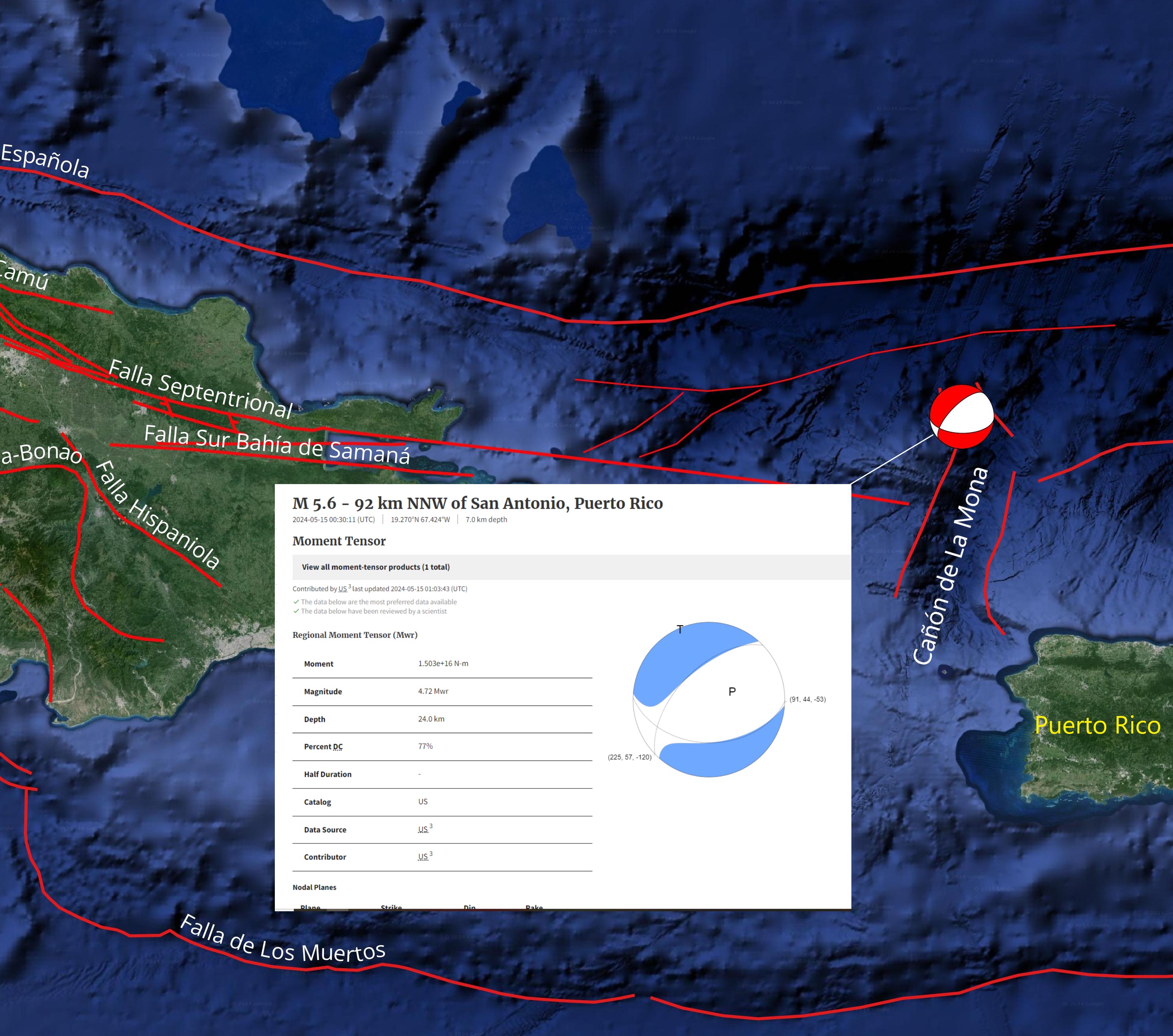Imagen N° 5 indicando resultados del mecanismo focal por parte del USGS para el temblor de magnitud 5.6 de fecha 15 de mayo a las 00:30:11 UTC 