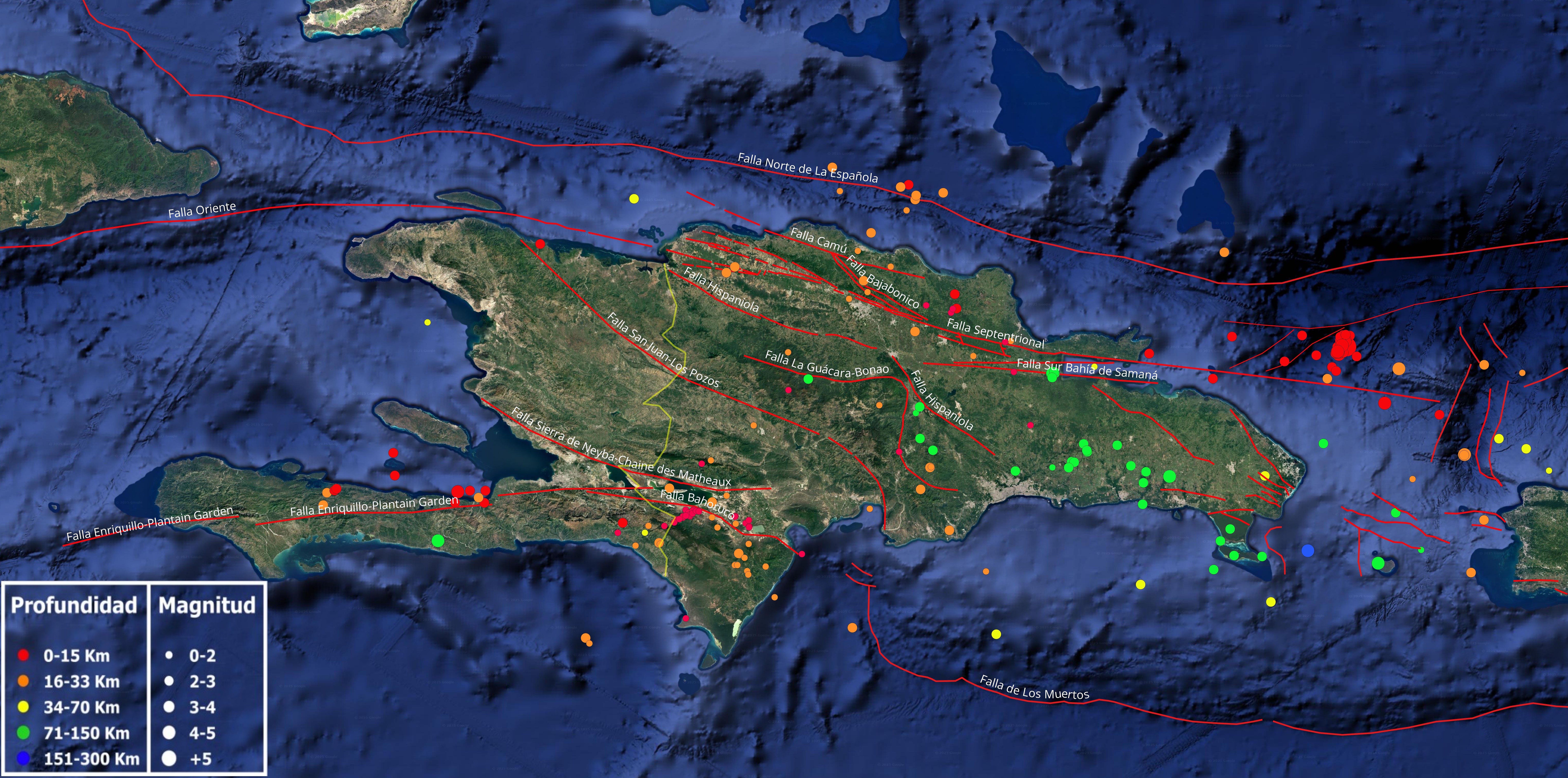 Imagen N° 1 de la isla de La Española cortesía de Google Earth mostrando los epicentros de los diferentes eventos sísmicos del mes de febrero 2025. Con lineamientos rojos, las principales fallas activas compiladas de los diferentes estudios publicados a la fecha.