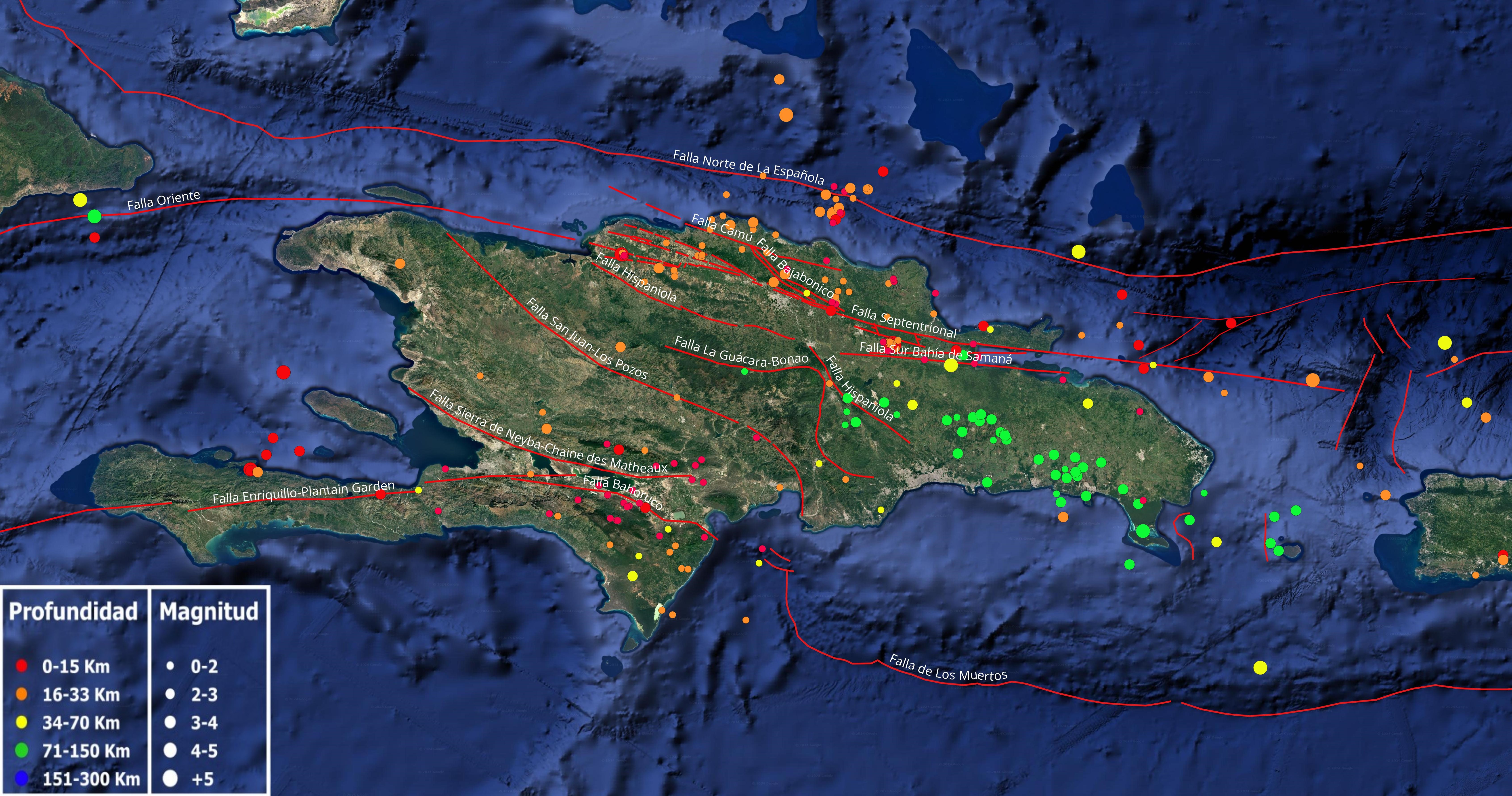 Imagen N° 1, Mapa de la isla de La Española (cortesía de Google Earth) mostrando sismicidad durante el mes de octubre 2024. Los lineamientos en rojo corresponden a la principales fallas activas compiladas de estudios previos publicados. 