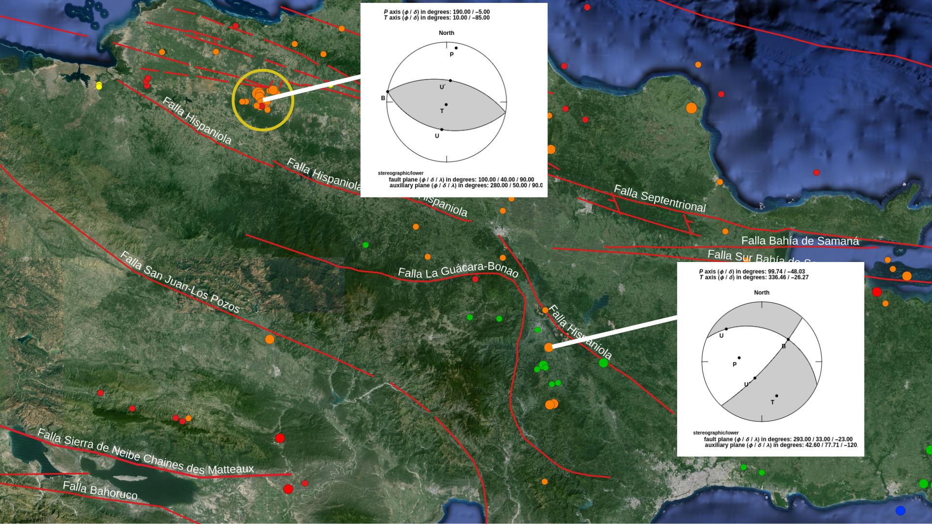  Imagen N° 2 mostrando parte de la sismicidad en Monte Cristi, cerca de la Falla Septentrional; múltiples réplicas del evento con magnitud 4.2 en Monte Cristi. Por otra parte, un pequeño enjambre entre las fallas  Guácara-Bonao e Hispaniola, evento de 2.8 el 24 de septiembre en Bonao. En recuadros, ambos mecanismos focales.