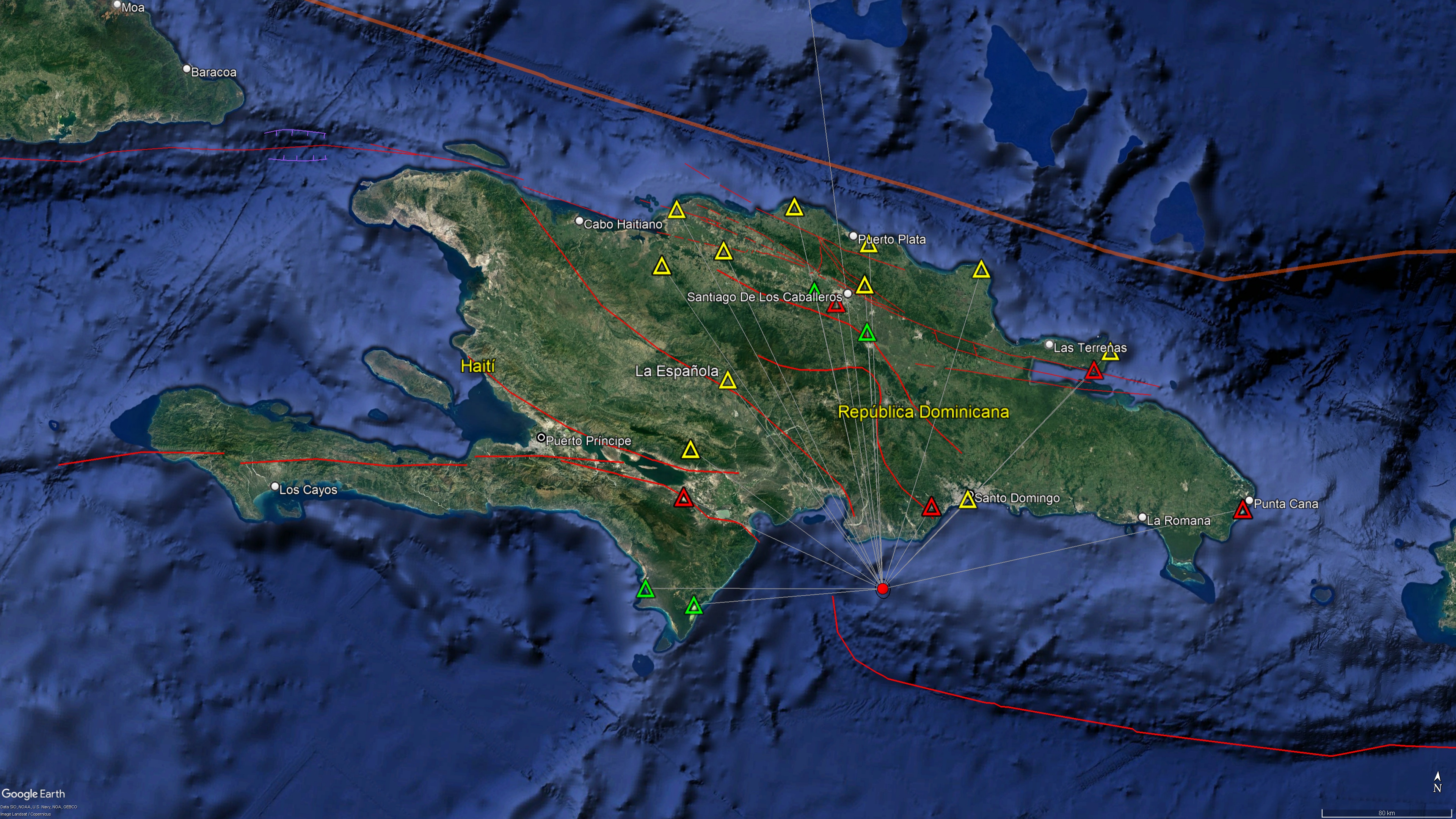 Estaciones sísmicas que registraron el temblor Ml 5.2 al sur de Matanzas, provincia Peravia. 
