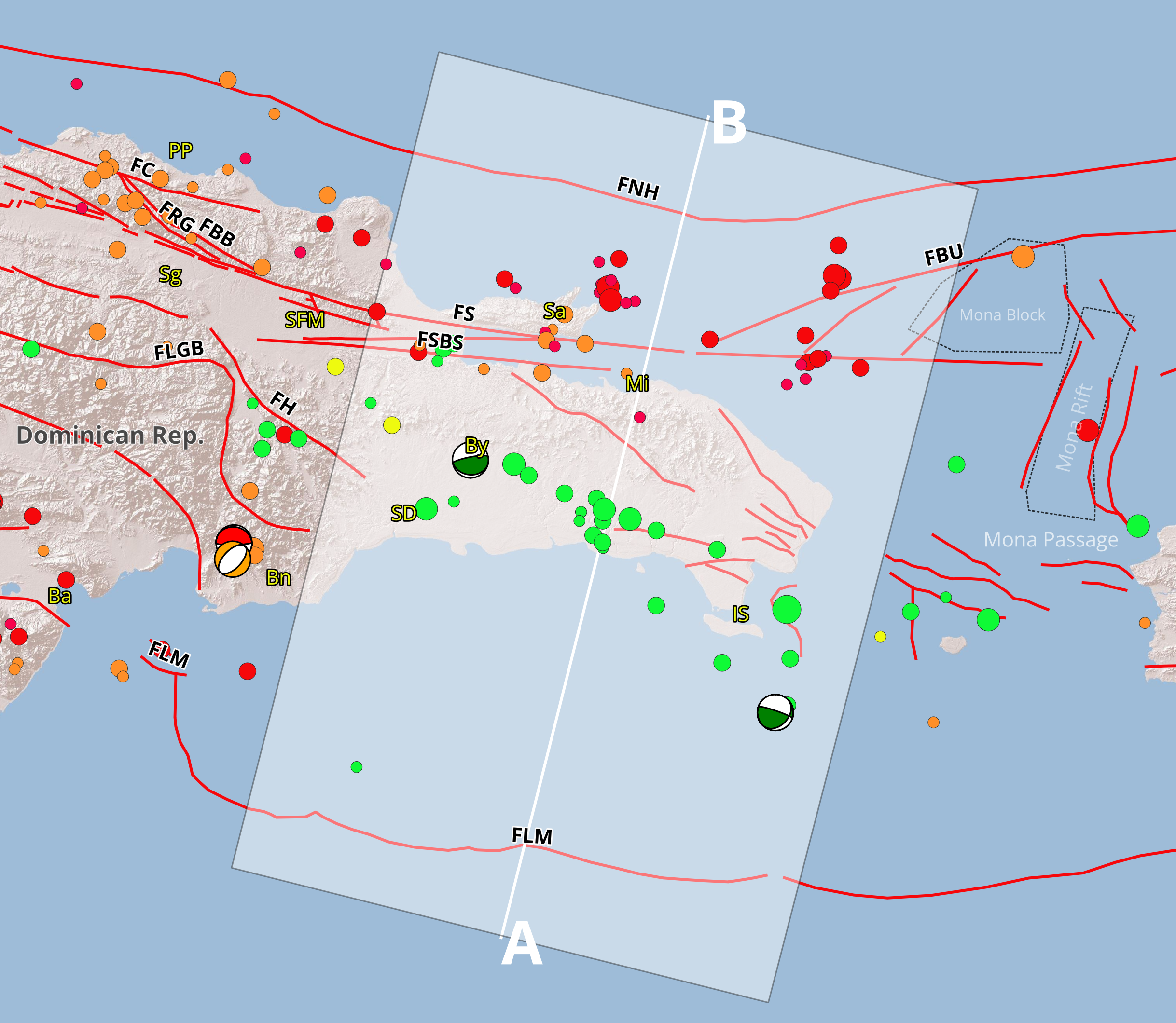 Imagen N° 2, detalle sismicidad al este de República Dominicana mostrando ubicación sección transversal A-B. Area cubierta: 100 km a cada lado de la sección. Con lineamientos rojos, las principales fallas compiladas de diferentes trabajos publicados: FNH: Falla Norte de la Hispaniola, FC: Falla Camú, FRG: Falla Rio Grande, FS: Falla Septentrional, FBU: Falla Bunce, FSBH: Falla Sur Bahía de Samaná, FY: Falla Yabón, FH: Falla Hispaniola, FLGB: Falla La Guácara-Bonao, FSJLP: Falla San Juan-Los Pozos, FSNCM: Falla Sierra de Neiba-Chaines des Matteaux y FLM: Falla Los Muertos. Globos tipo