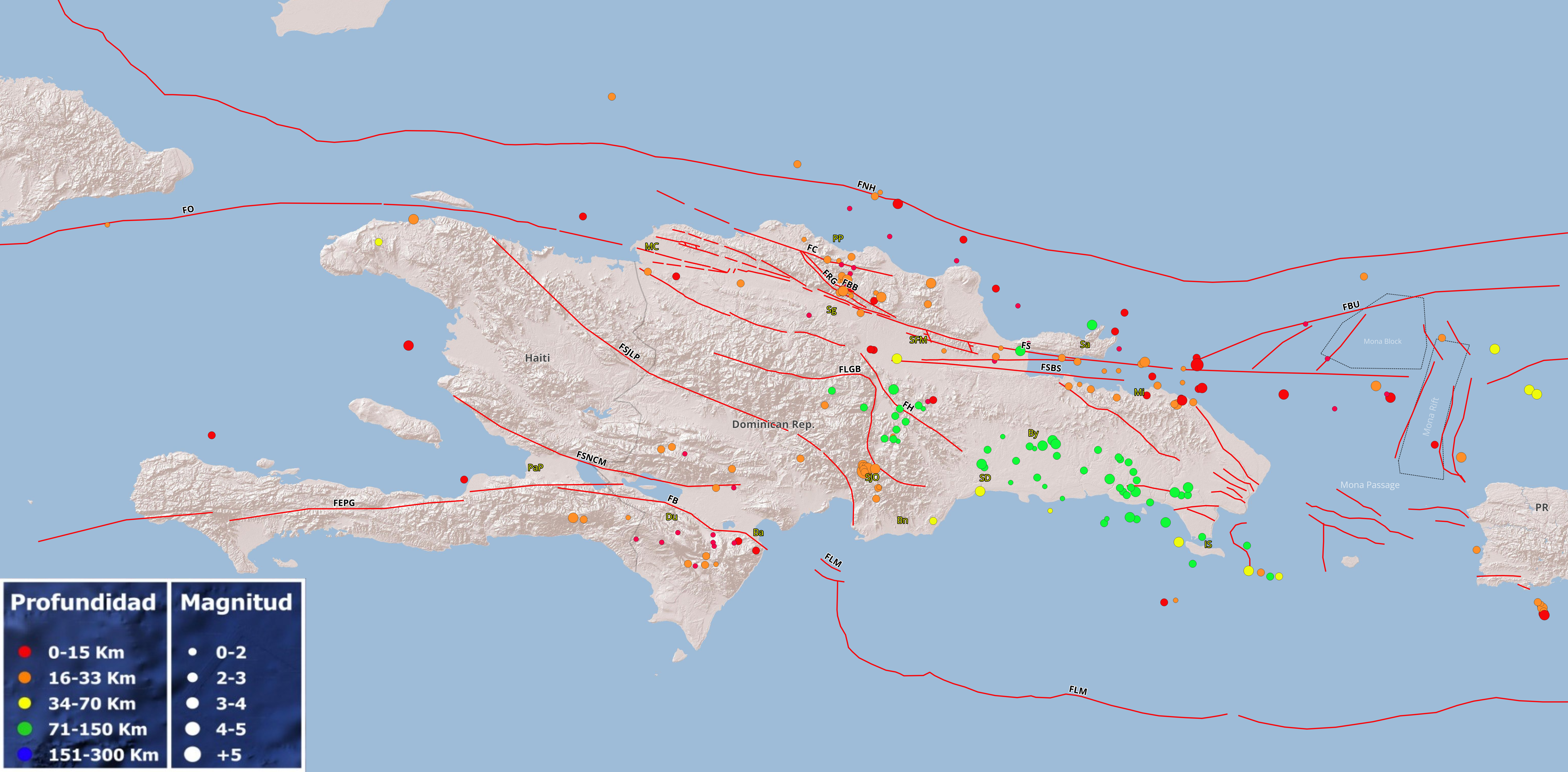 Imagen N° 1 , mapa de La Española cortesía de Esri maps mostrando con globos en colores los diferentes epicentros registrados durante el mes de octubre 2025. Con lineamientos rojos, las principales fallas compiladas de diferentes trabajos publicados: FNH: Falla Norte de la Hispaniola, FC: Falla Camú, FRG: Falla Rio Grande, FS: Falla Septentrional, FO: Falla Oriente, FBU: Falla Bunce, FSBH: Falla Sur Bahía de Samaná, FY: Falla Yabón, FH: Falla Hispaniola, FLGB: Falla La Guácara-Bonao, FSJLP: Falla San Juan-Los Pozos, FSNCM: Falla Sierra de Neiba-Chaines des Matteaux, FEPG: Falla Enriquillo-Plantain Garden, FB: Falla Bahoruco, y FLM: Falla Los Muertos. PaP: Puerto Príncipe, PP: Puerto Plata, Ba: Barahona, SD: Santo Domingo, Bn: Baní, Du: Duvergé, MC: Monte Cristi, Sg: Santiago, SFM: San Francisco de Macorís, By: Bayaguana, Sa: Samaná, Mi: Miches, SJO: San José de Ocoa, IS: Isla Saona