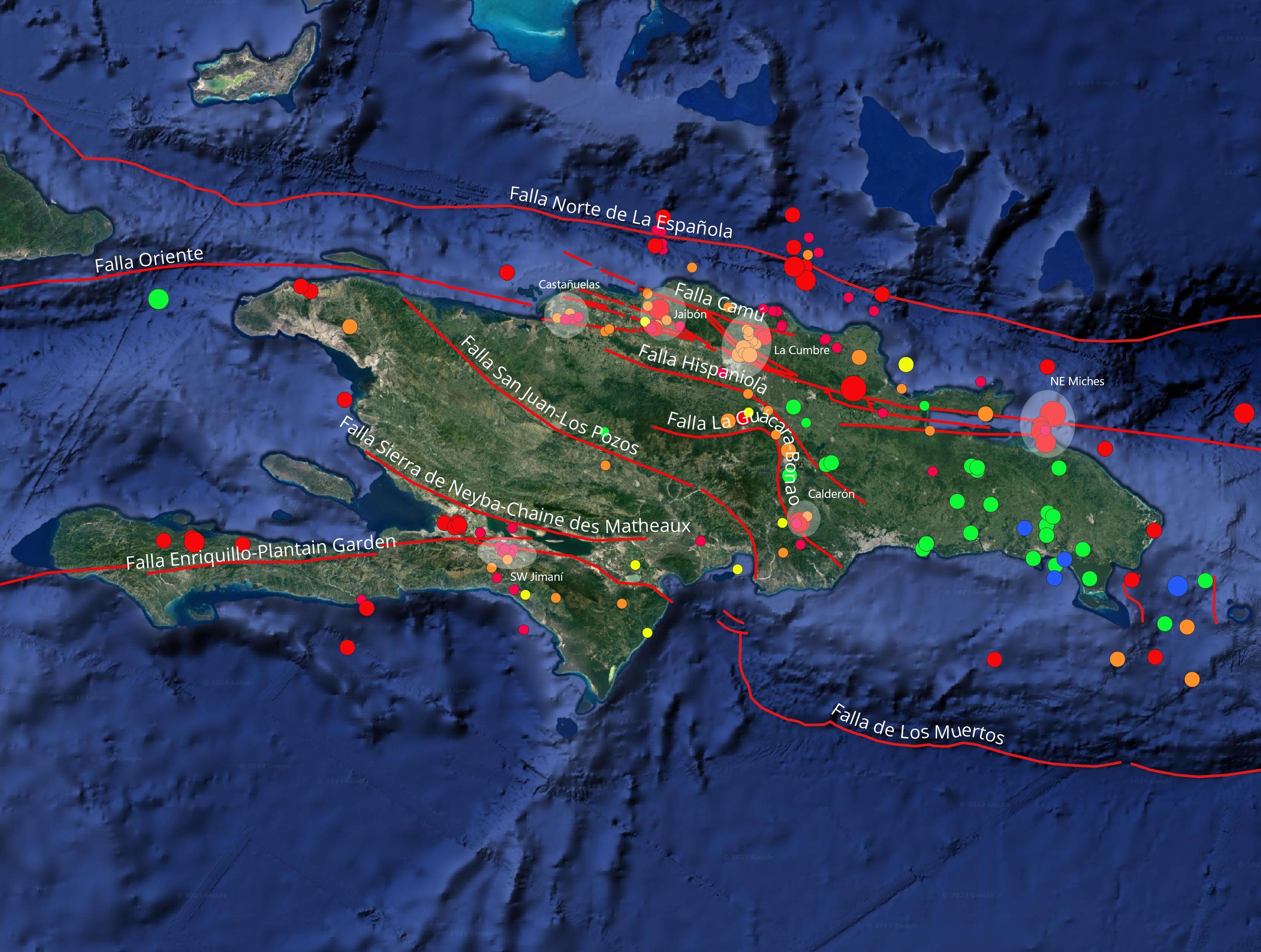 Mapa con ubicación de diferentes enjambres o agrupación de sismos por zona durante el mes de abril 2023.