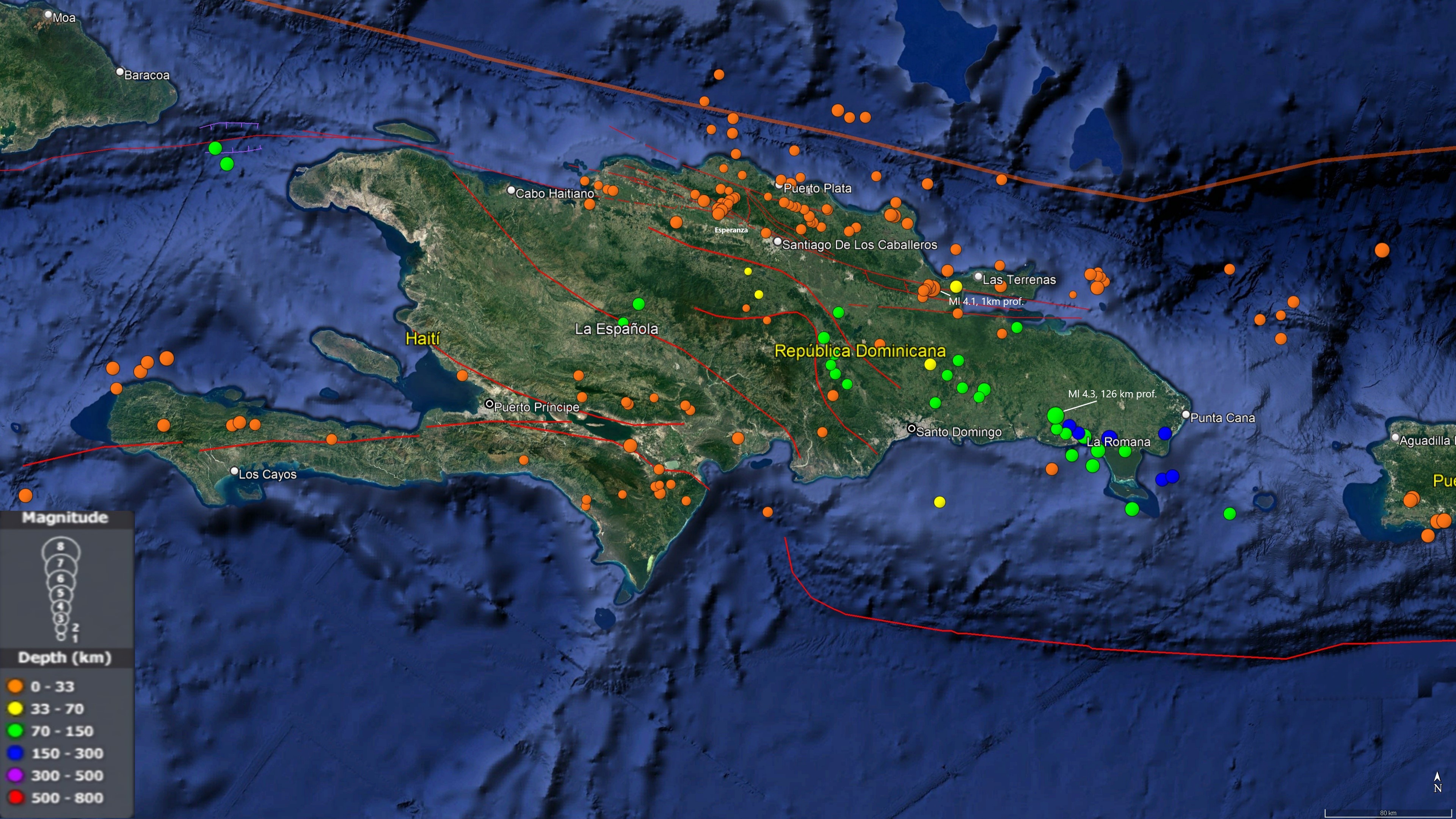 Sismicidad de La Española durante el mes de enero 2023. Con lineamientos rojos, las principales fallas activas. El lineamiento en color naranja muestra el límite de la placa Norteamericana con la placa del Caribe. 