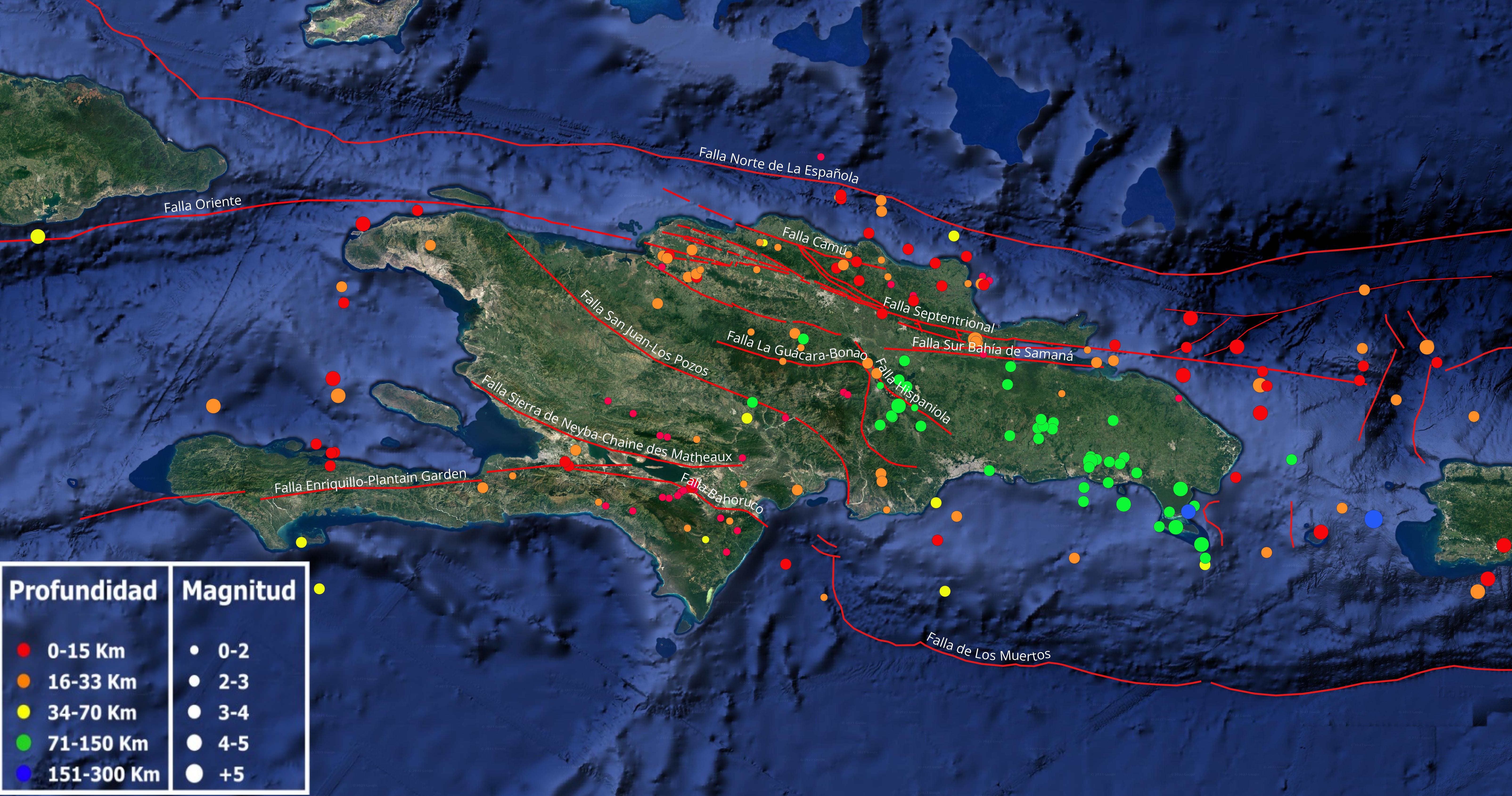 Imagen N° 1 cortesía de Google earth mostrando distribución de la sismicidad en el mes de abril 2024 en la Isla de La Española y alrededores. El recuadro en la esquina inferior izquierda es indicativo de la leyenda. Los lineamientos en color rojo muestran las principales fallas geológicas compiladas presuntamente activas