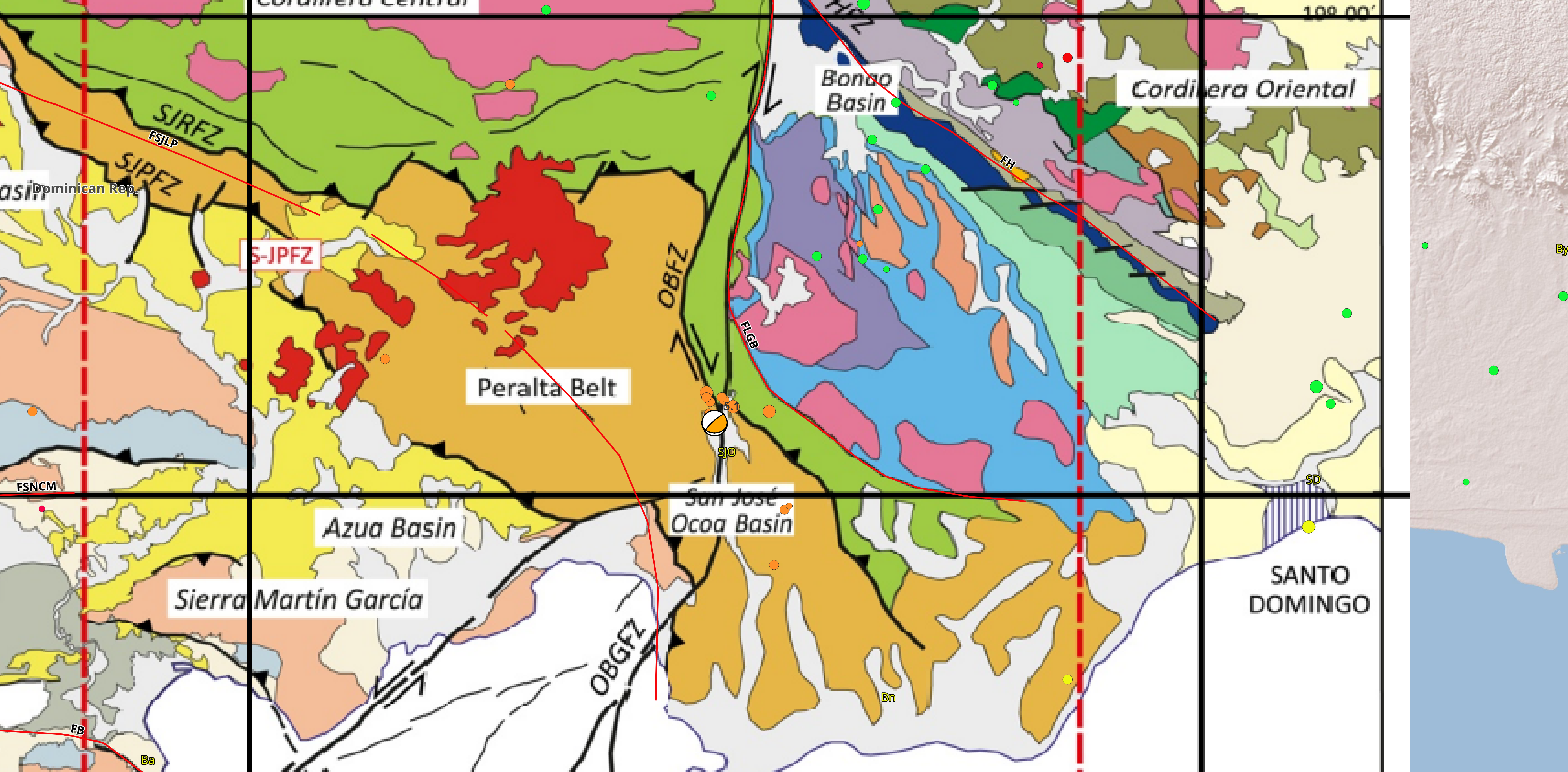 Imagen N° 3 mostrando el mapa geológico de Escuder et al. (2023) con el  mecanismo focal del evento de Ml 5.1 en San José de Ocoa y sus respectivas réplicas. 