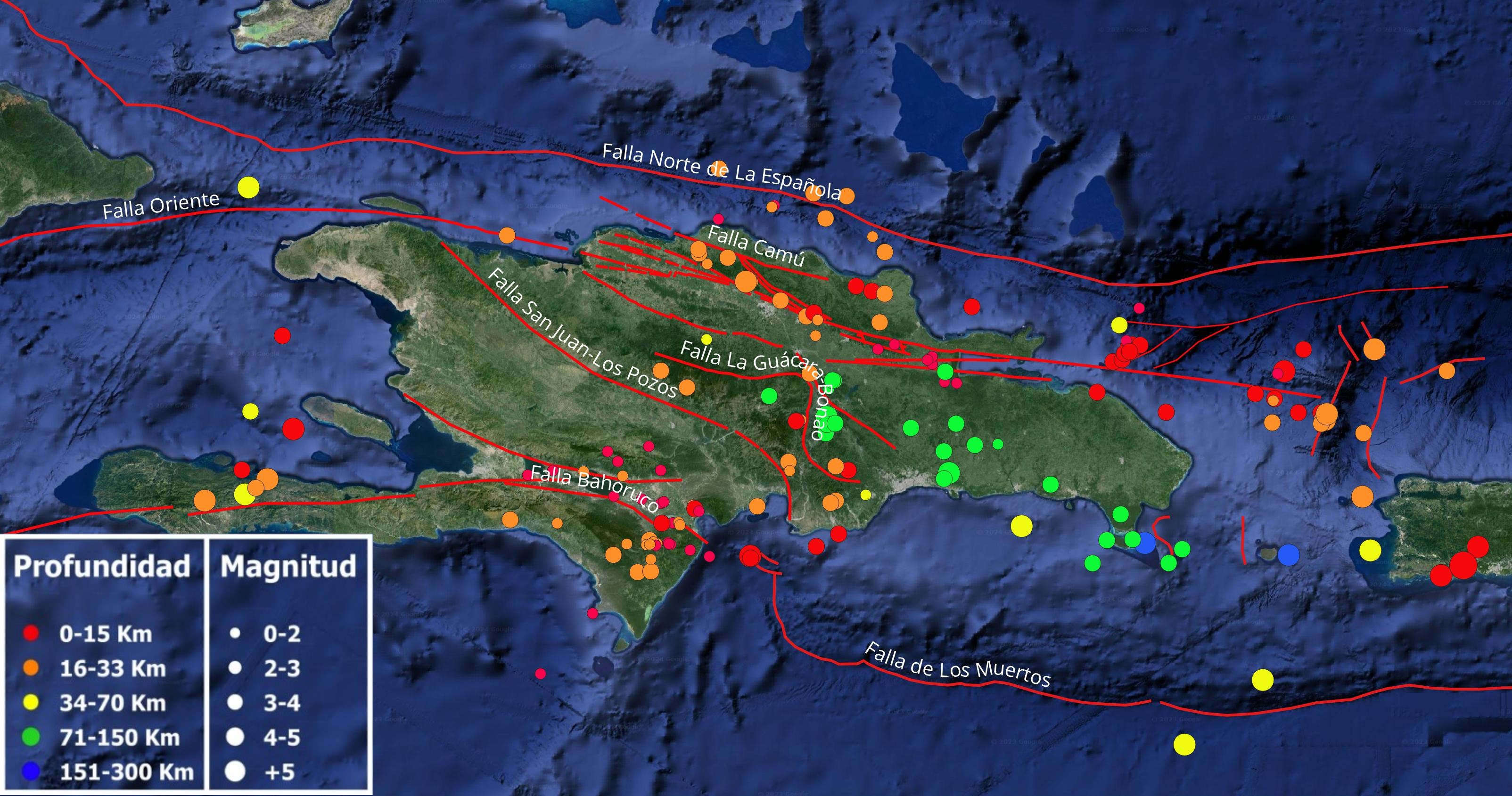 Figura 1, Mapa de La Española cortesía de Google Earth mostrando la sismicidad por profundidad y magnitud para el mes de febrero 2024. Con lineamientos rojos, las principales fallas compiladas de diferentes estudios publicados.