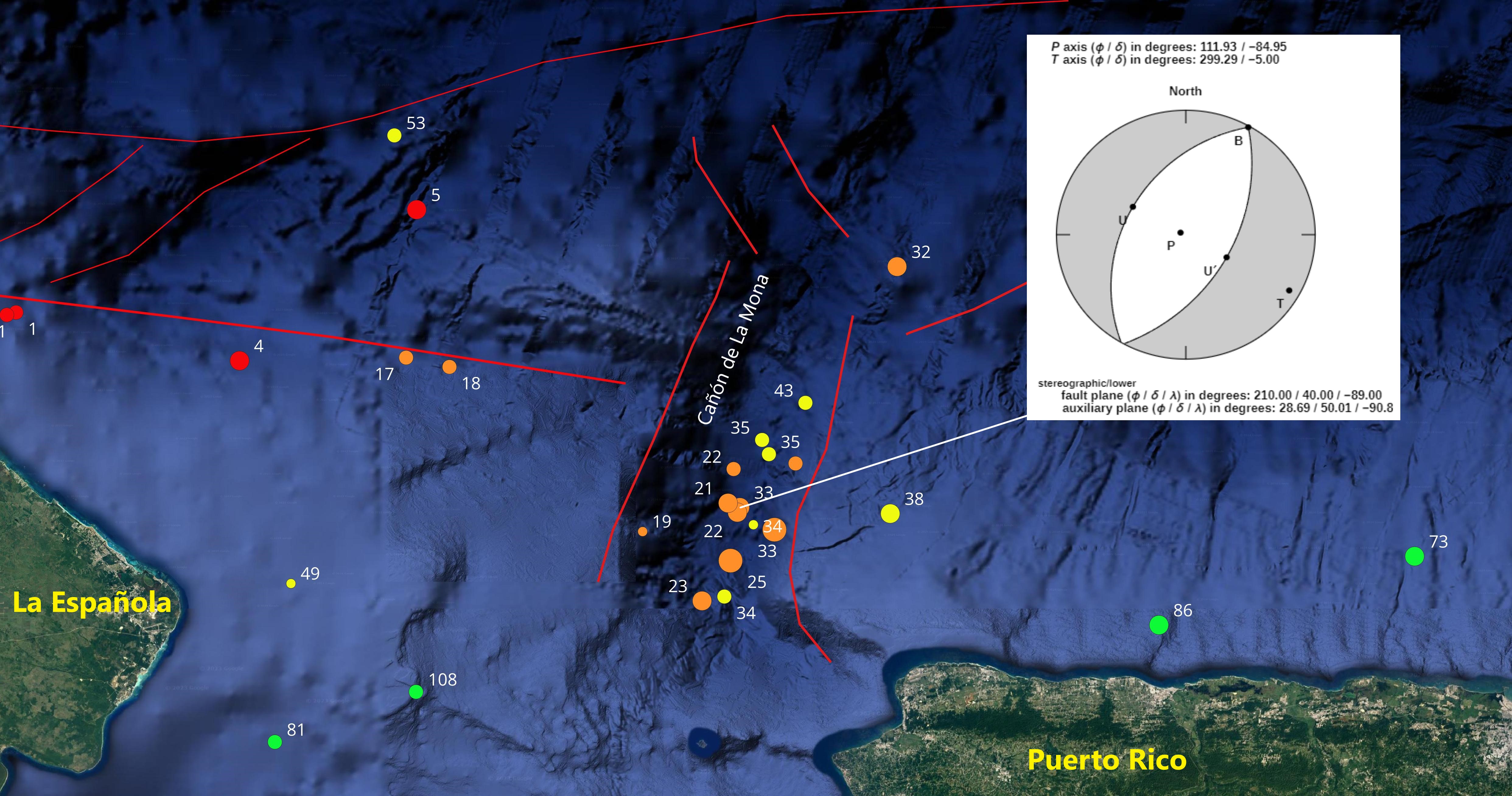 Imagen N° 5 mostrando detalle sismicidad en el Cañón de La Mona a principios de marzo, al lado de los epicentros, su profundidad en km. En el recuadro, el Mecanismo focal determinado (Cortesía de Scherbaum et al , 2009)