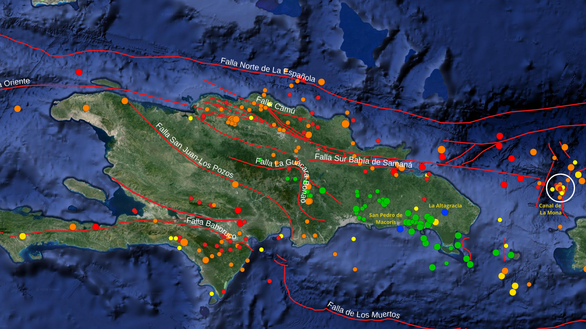 La imagen N° 1 muestra un mapa de la isla de La Española, cortesía de Google Earth, en el que se presenta la distribución de la sismicidad correspondiente al mes de septiembre de 2024. Este mapa es fundamental para comprender la relación entre la actividad sísmica y la tectónica de la región.