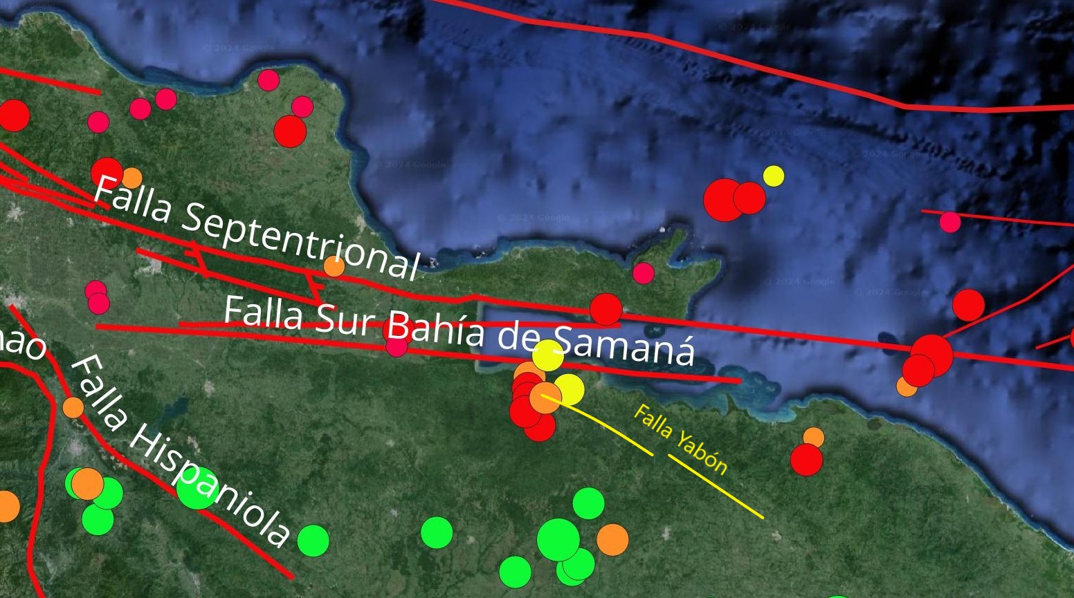 Imagen N° 4 mostrando enjambre sísmico en Sabana de La Mar. Nótese que esta actividad sísmica esta en la intersección de la Falla Sur de la Bahía de Samaná con el inicio de la Falla Yabón (lineamiento amarillo) presuntamente inactiva. 