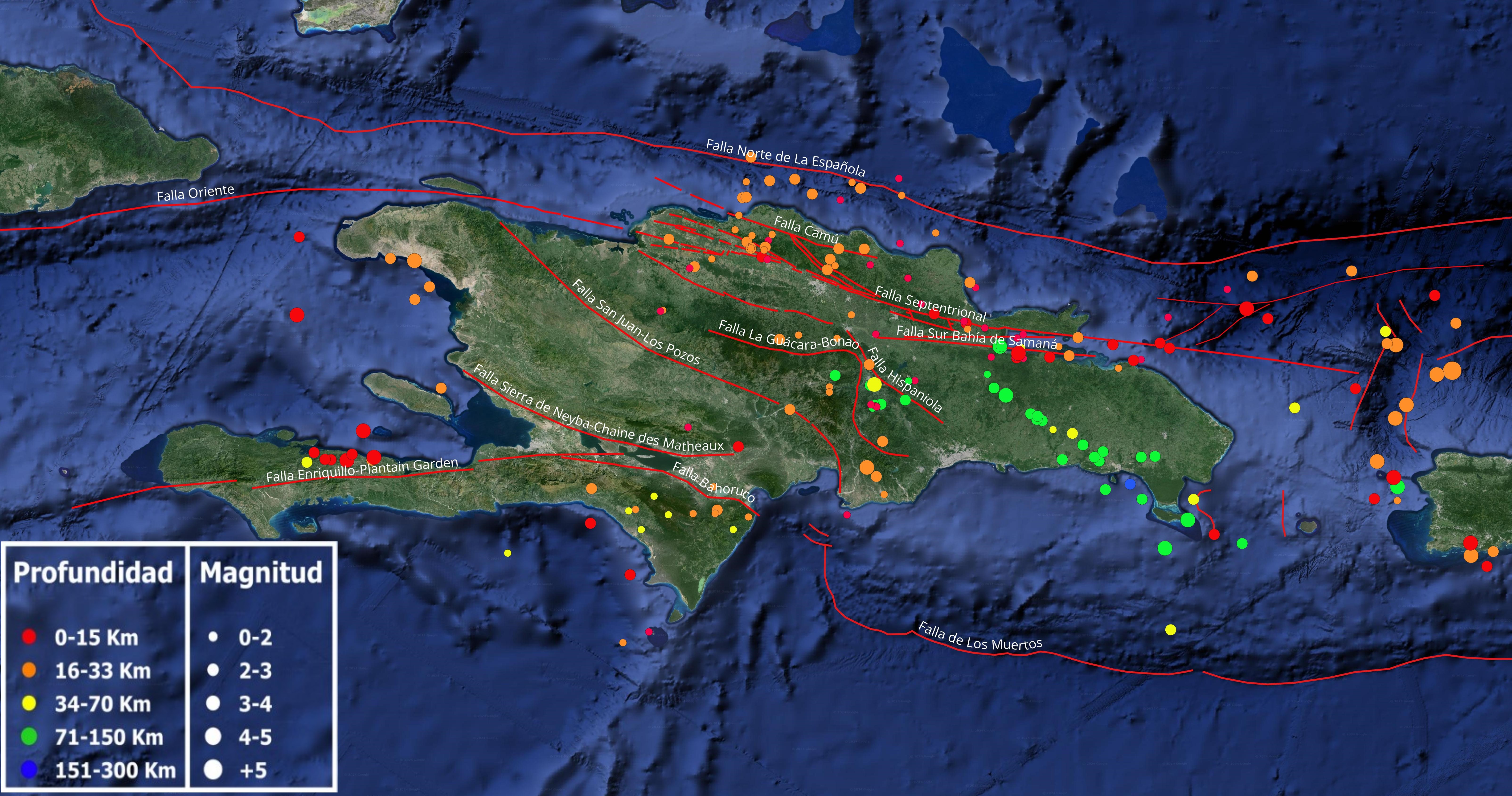 Imagen N° 1: Mapa cortesía de Google Earth mostrando sismicidad sobre la isla de La Española y alrededores en el pasado mes de julio. Los lineamientos en rojo indican las principales fallas geológicas activas compiladas por diferentes autores de sus estudios publicados. 