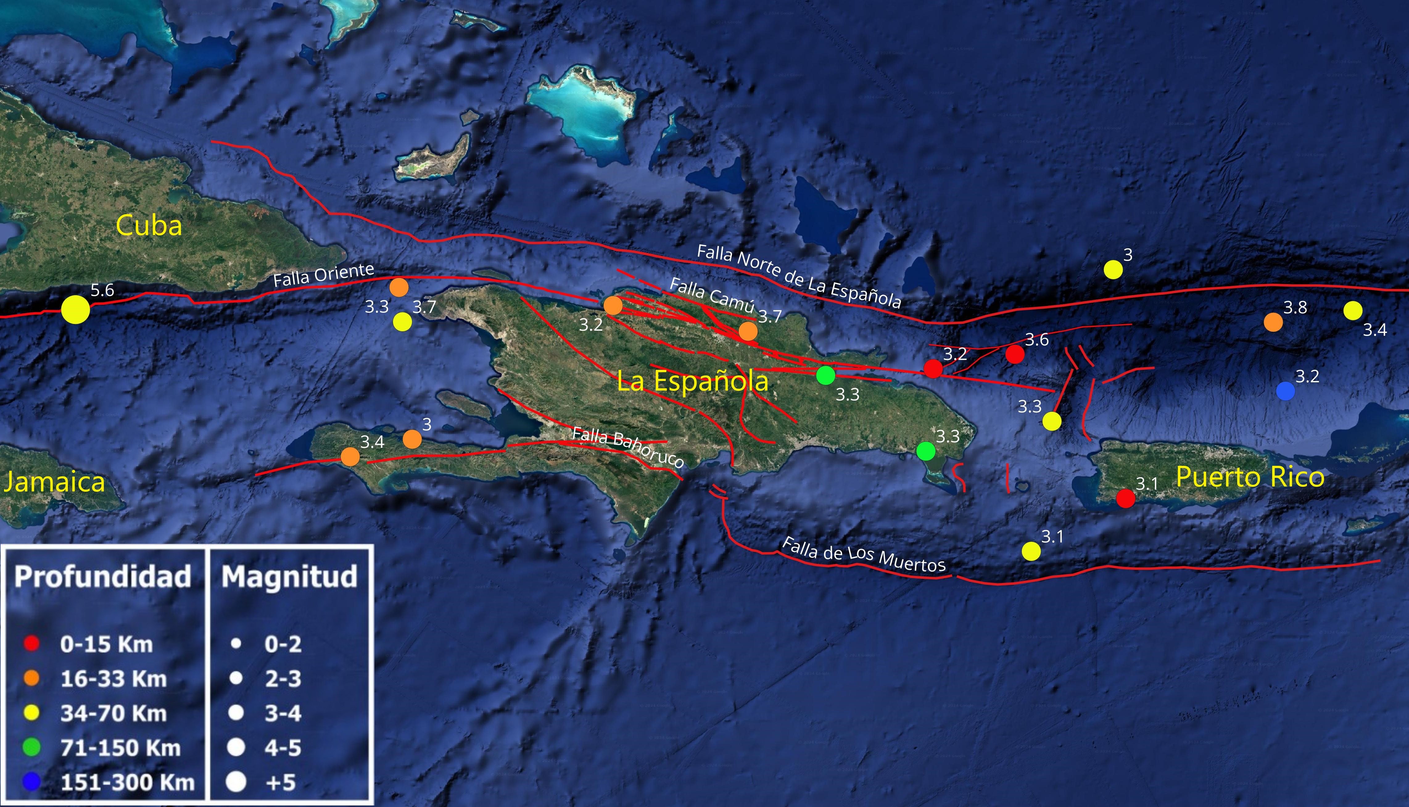 Mapa ampliado de la isla de La Española para incluir los temblores superiores e igual a  magnitud 3.0 al sur de Cuba y al noreste de Puerto Rico registrados por nuestra red en el mes de diciembre 2024