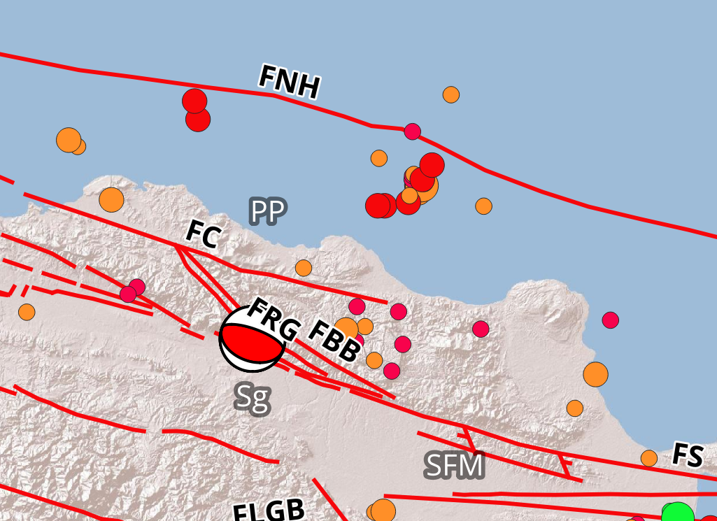 Imagen N° 3, mapa parcial del norte de La Española mostrando el mecanismo focal obtenido para el temblor de Ml 2.9 al norte de Santiago (Sg)&nbsp; ilustrado como 