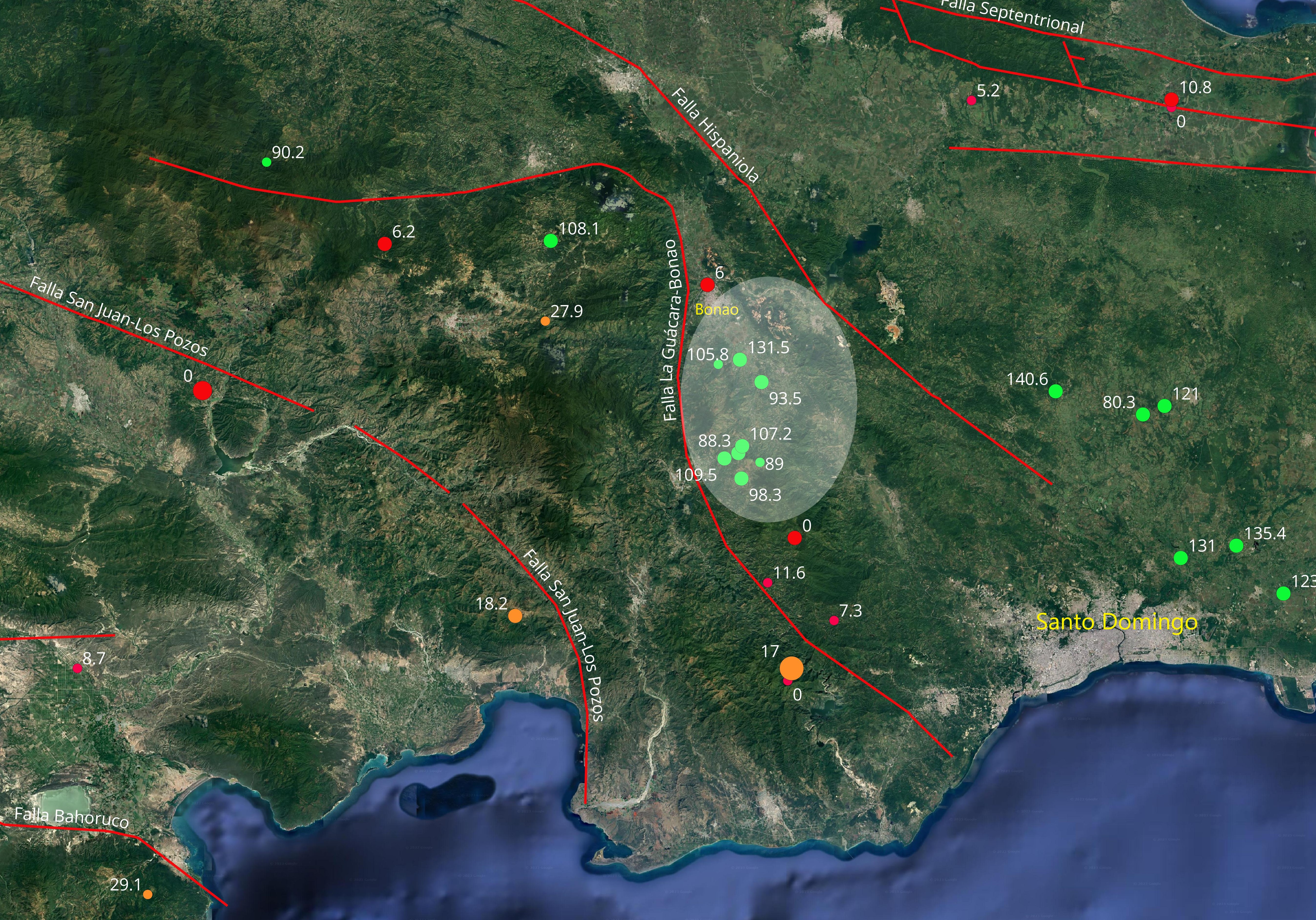 Detalle sismicidad intermedia al sur de Bonao. Se indican las profundidades en km.