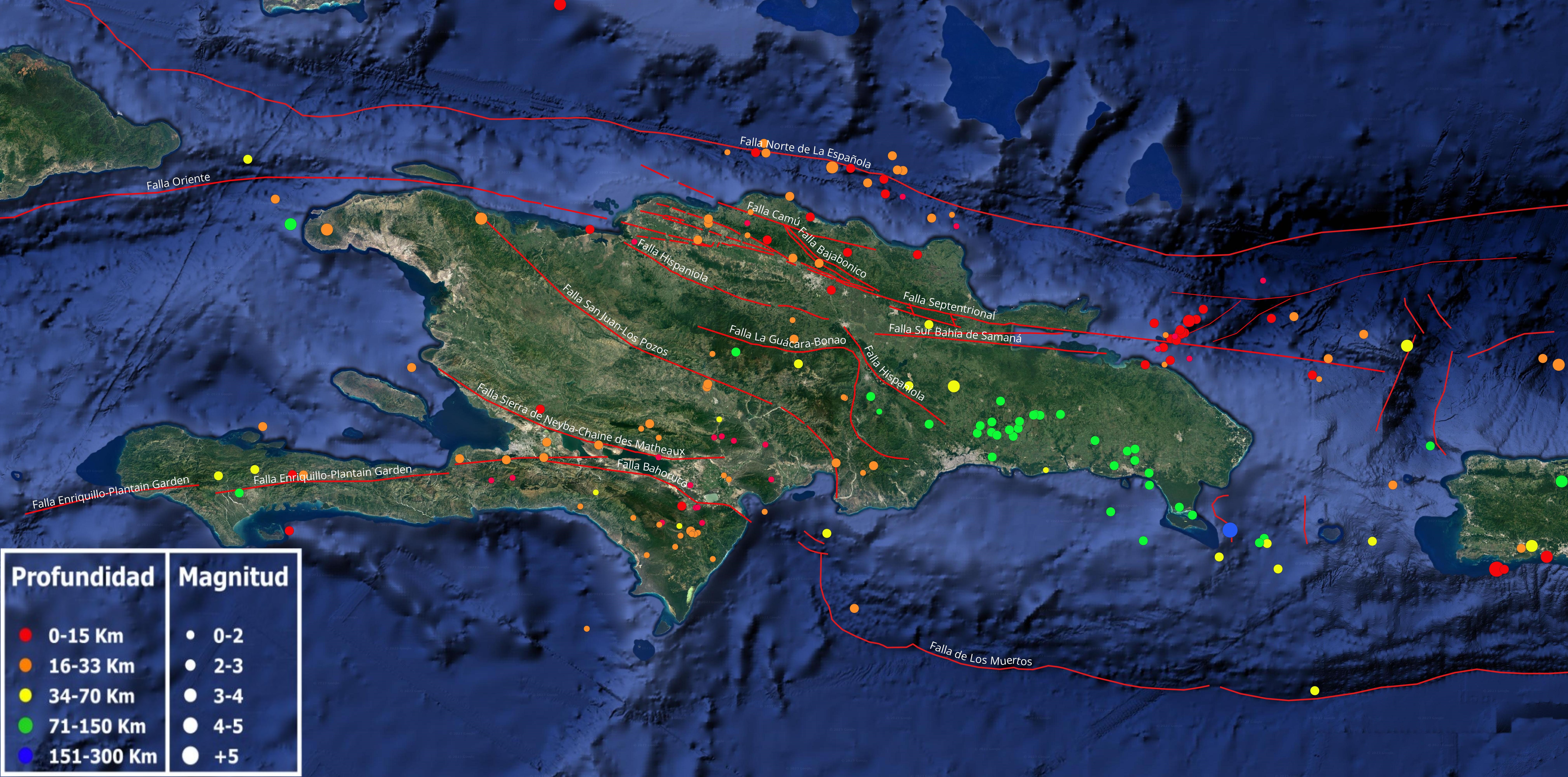 Figura 1: Mapa cortesía de Google earth mostrando la sismicidad de La Isla de La Española y alrededores durante el pasado mes de enero 2024. Los lineamientos en rojo indican las principales fallas geológicas compiladas por diferentes autores calificados.