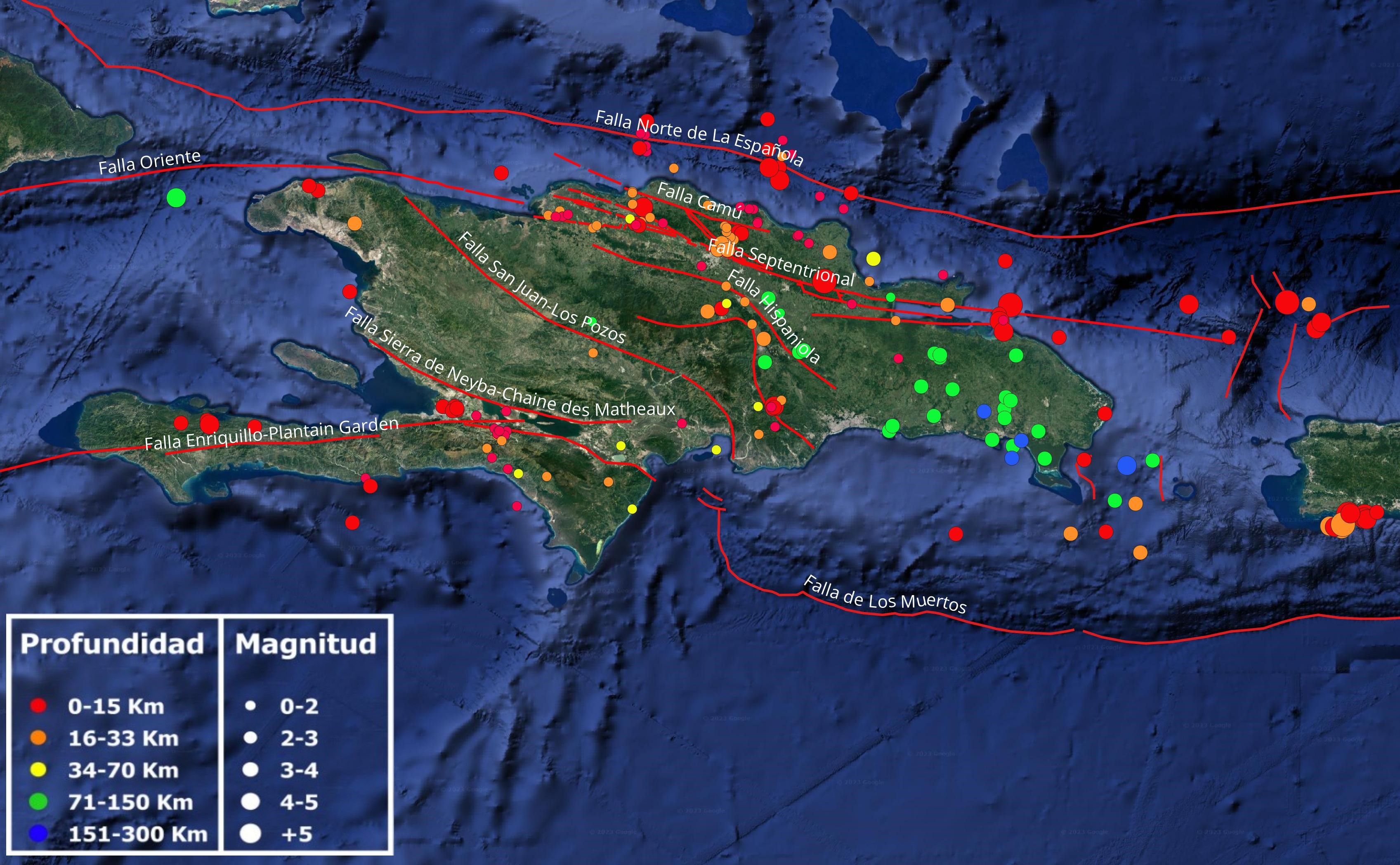 Mapa  mostrando los epicentros del mes de abril. Se indican con líneas rojas las principales fallas activas de nuestra región.