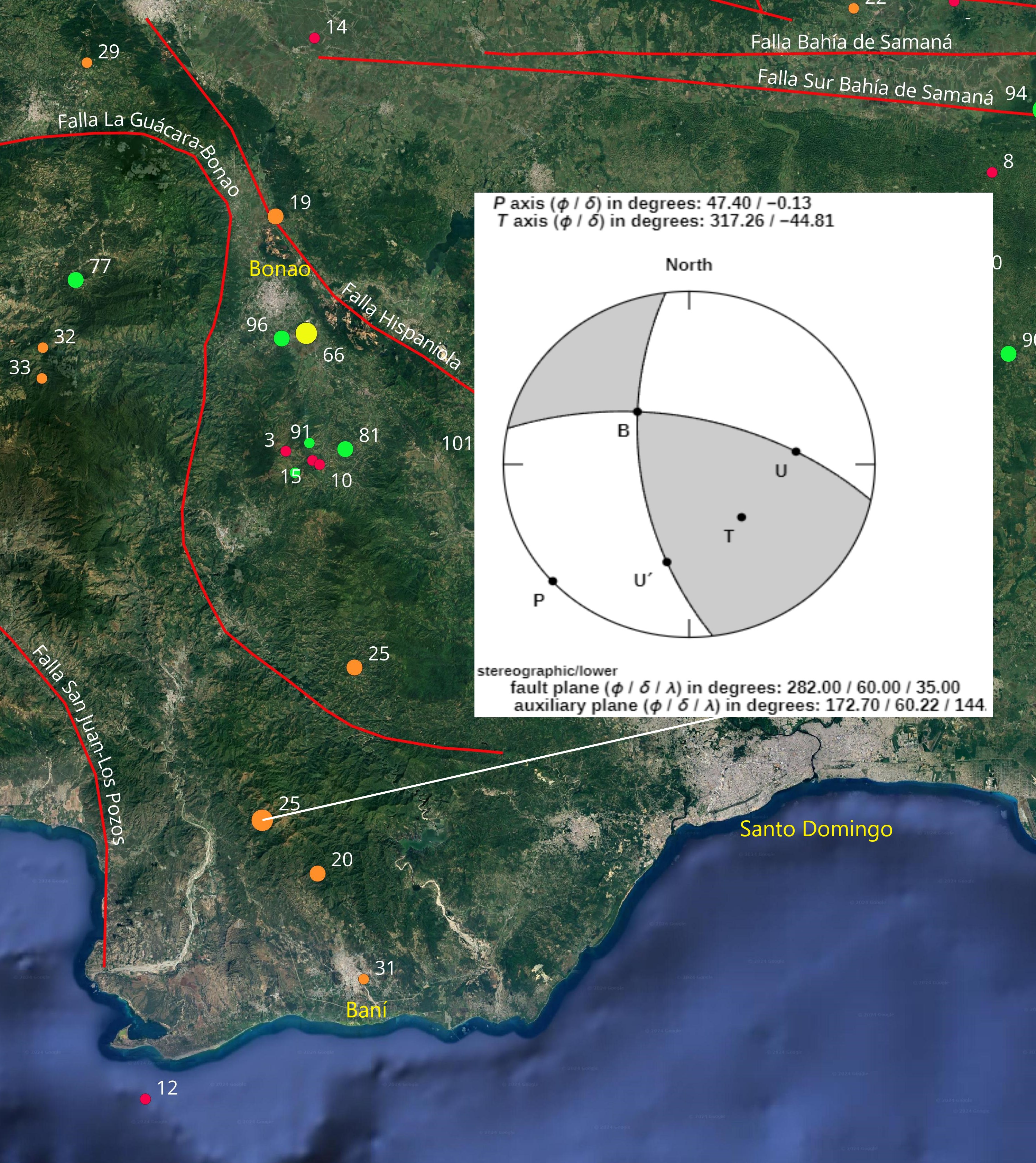 Imagen N° 5 con ubicación del temblor Ml 3.0 al norte de Bani y en recuadro, mecanismo focal determinado. Gráfico del mecanismo focal cortesía de Scherbaum, Nicolas Kuehn, y Björn Zimmermann (December 2009)
<p>" /> <span>Imagen N° 5 con ubicación del temblor Ml 3.0 al norte de Bani y en recuadro, mecanismo focal determinado. Gráfico del mecanismo focal cortesía de Scherbaum, Nicolas Kuehn, y Björn Zimmermann (December 2009)</p>
<p></span></div></p>
<p><br>Esta vez, para fines provinciales o  administrativos proveemos un mapa con recuadro incluyendo cantidad de sismos  por provincia, ver <b><i>Imagen N° 6 </i></b><br></p>
<div class=