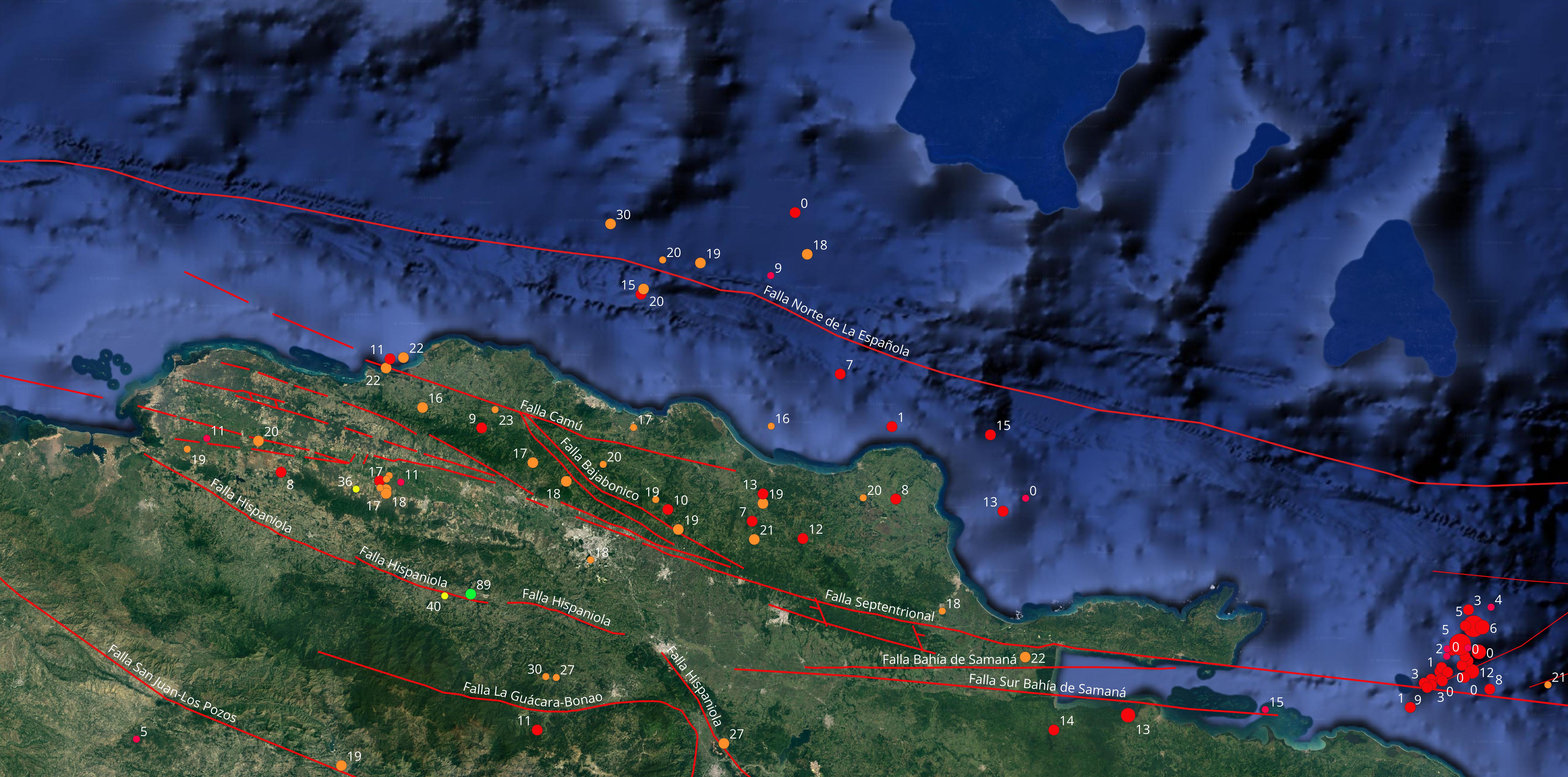 Imagen N°1, Mapa cortesía de Google Earth mostrando epicentros de temblores ocurridos el pasado mes de diciembre en la región norte de nuestra isla. Se indica la profundidad en Km al lado de cada epicentro, así mismo las principales fallas geológicas.