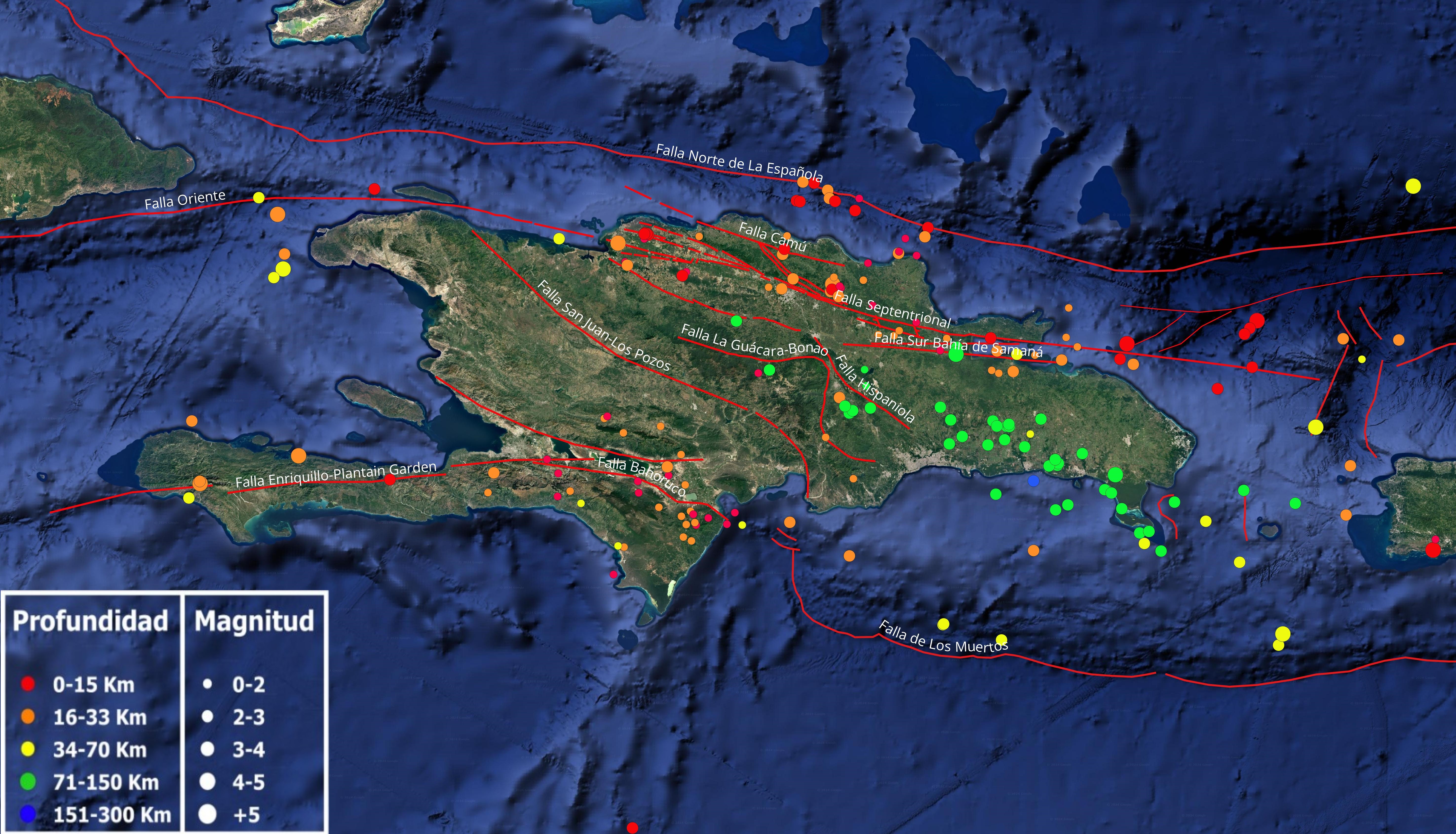 Imagen N° 1 de la isla de La Española cortesía de Google Earth mostrando los epicentros de los diferentes eventos sísmicos del mes de diciembre 2024. Con lineamientos rojos, las principales fallas activas compiladas de los diferentes estudios publicados a la fecha.