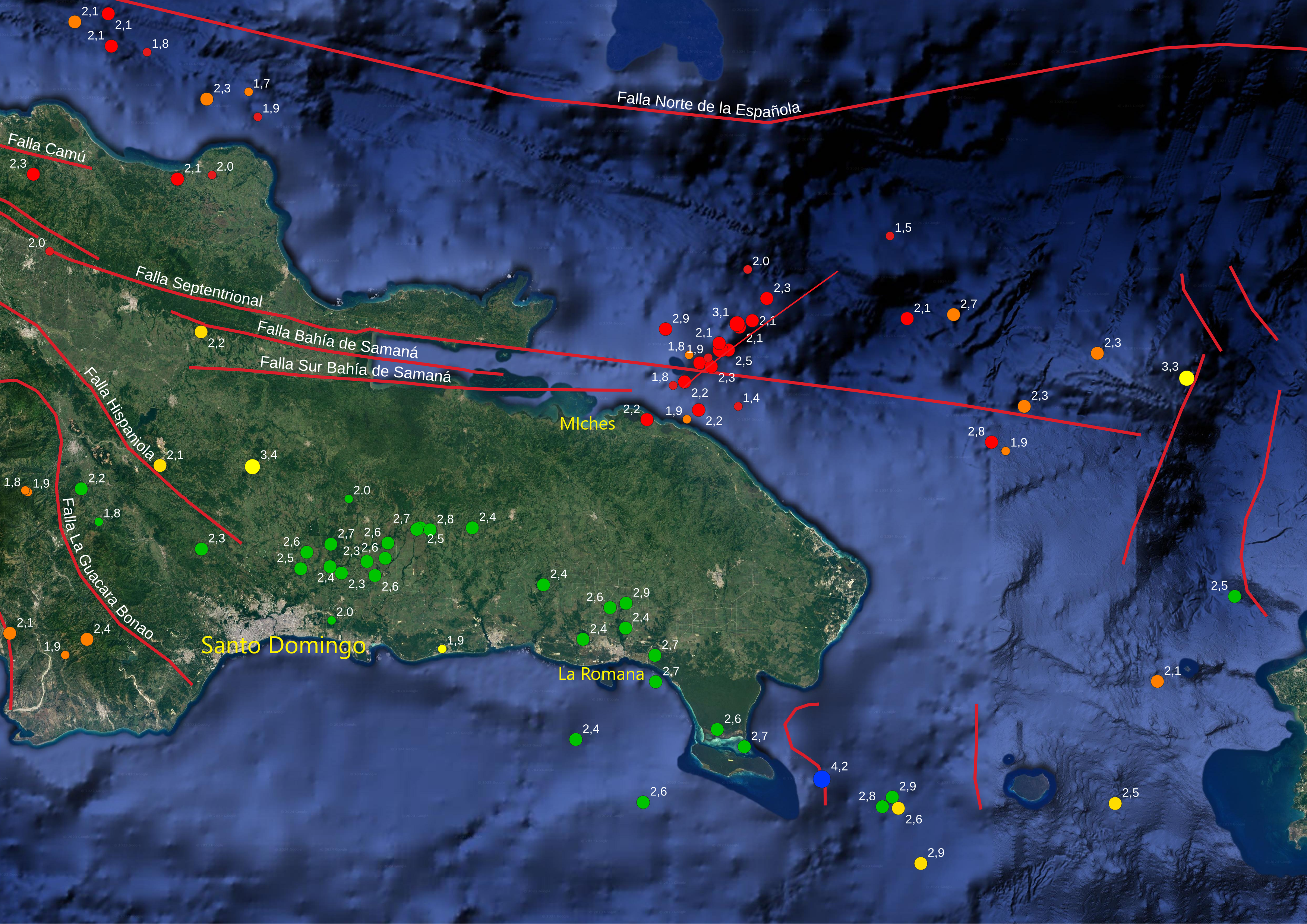 Figura 3, Mapa del este de la República Dominicana mostrando las réplicas de los temblores de 5.0 a fines de diciembre al noreste de Miches, así mismo con globos verdes, la sismicidad entre 70 y 150 km de profundidad al norte de Santo Domingo y La Romana.