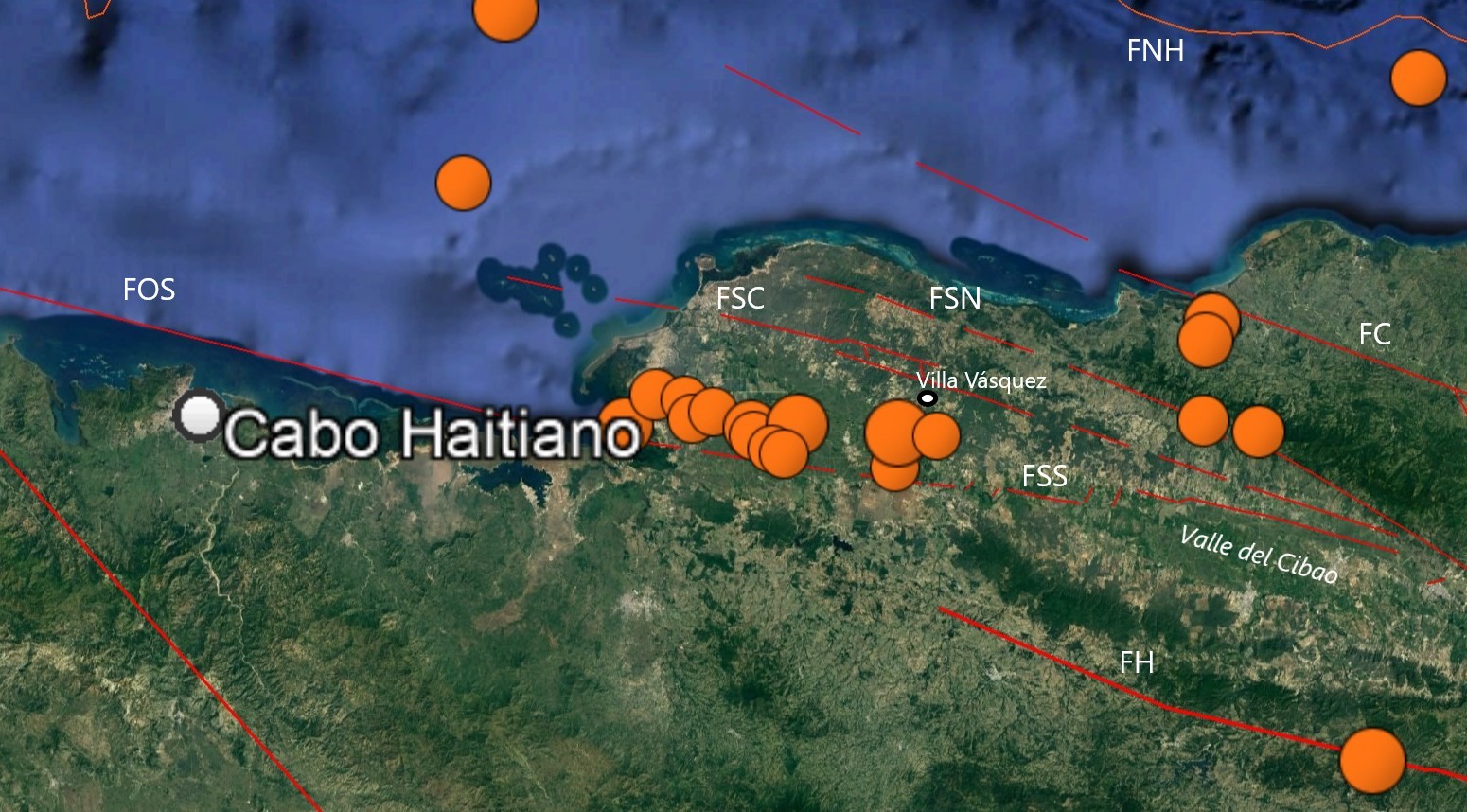 Mapa del Noroeste de la República Dominicana mostrando detalle de sismicidad próximo al flanco Sur de la Falla Septentrional (FSS). Se muestran las diferentes fallas de la zona: FOS: Falla Oriente-Septentrional, FH: Falla Hispaniola, FSC: Falla Villa Vásquez o flanco Sur de la Falla Septentrional, FSN: Flanco Norte de la Falla Septentrional o Frente de Montaña, FC: Falla Camú y FNH: Falla Norte de la Hispaniola.