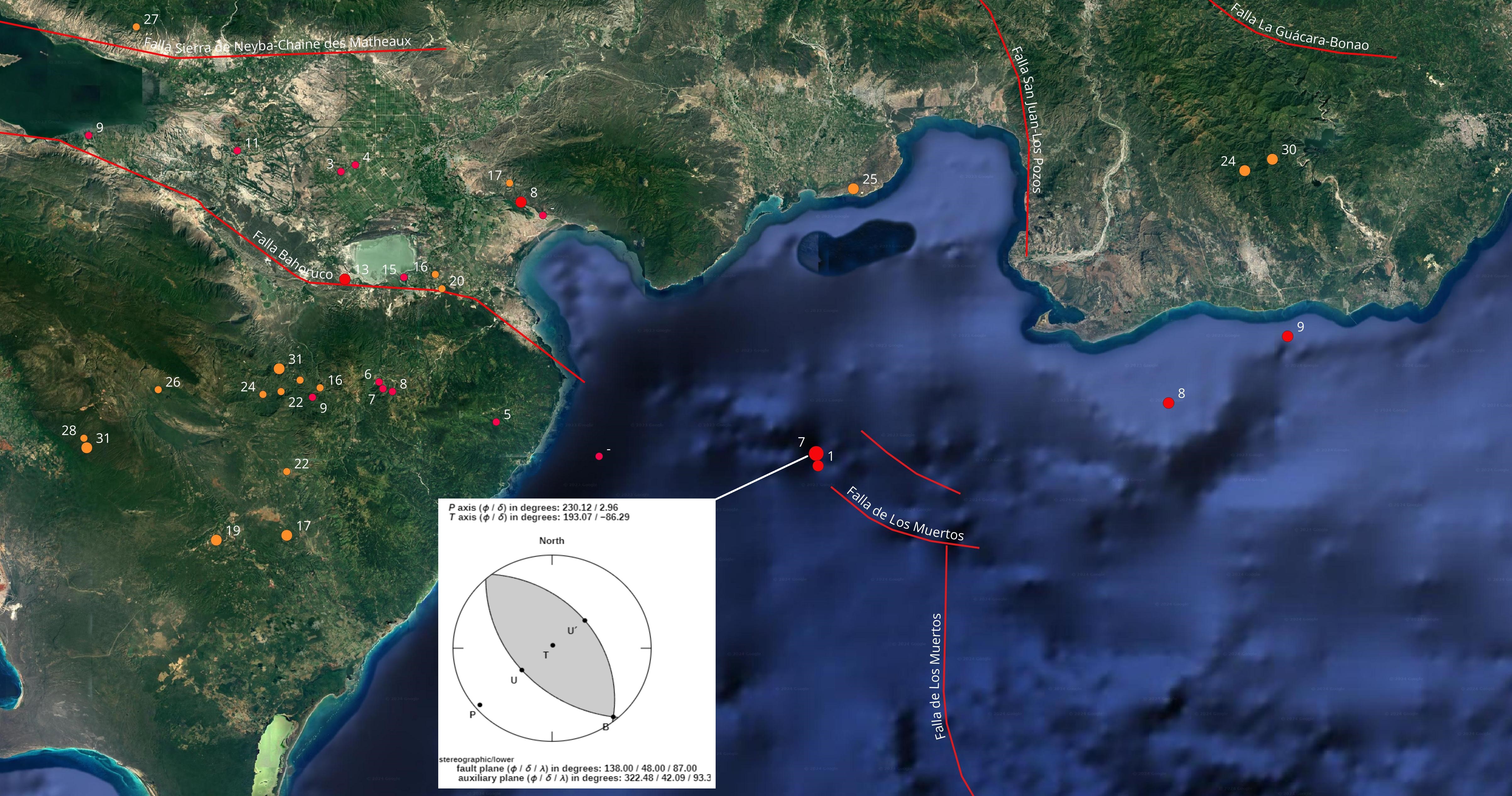 Figura 5, imagen parcial del sur de la isla mostrando en recuadro el mecanismo focal del temblor Ml 3.1 de fecha 12 de febrero al este de Barahona. Se indican las profundidades de los diferentes temblores de la region en km, al lado de sus respectivos epicentros.