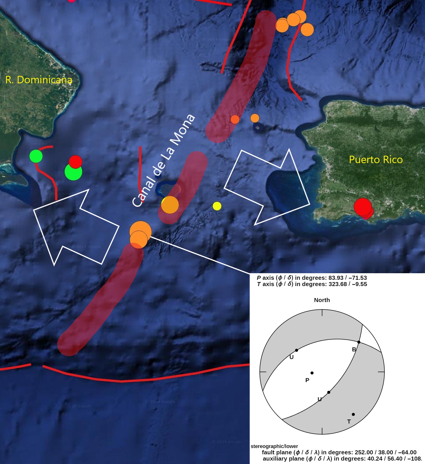 Imagen N° 4, mapa detalle del Canal de La Mona mostrando la sismicidad de la región el pasado mes de agosto. Se muestra en recuadro el mecanismo focal obtenido para el temblor de Ml 4.5 el día 26 de agosto a la 1:16 am. Como una franja en rojo semi transparente se muestra la posible zona de falla en 