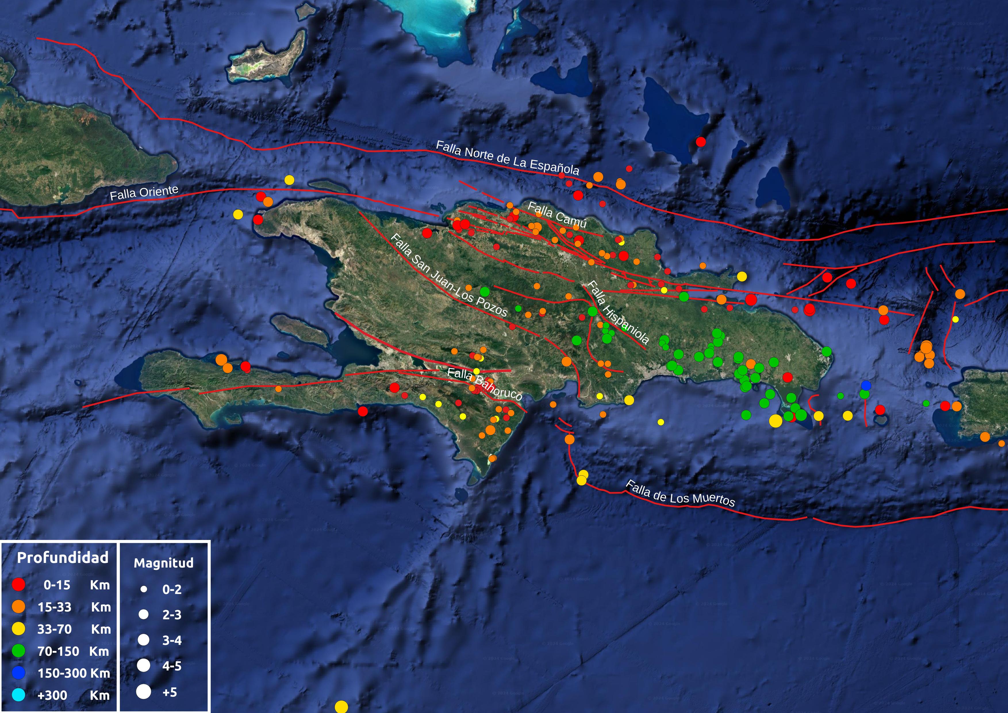 Imagen N° 1, mapa de la isla de La Española (cortesía de Google Earth) mostrando sismicidad durante el mes de noviembre 2024. Los lineamientos en rojo corresponden a la principales fallas activas compiladas de estudios previos publicados. 