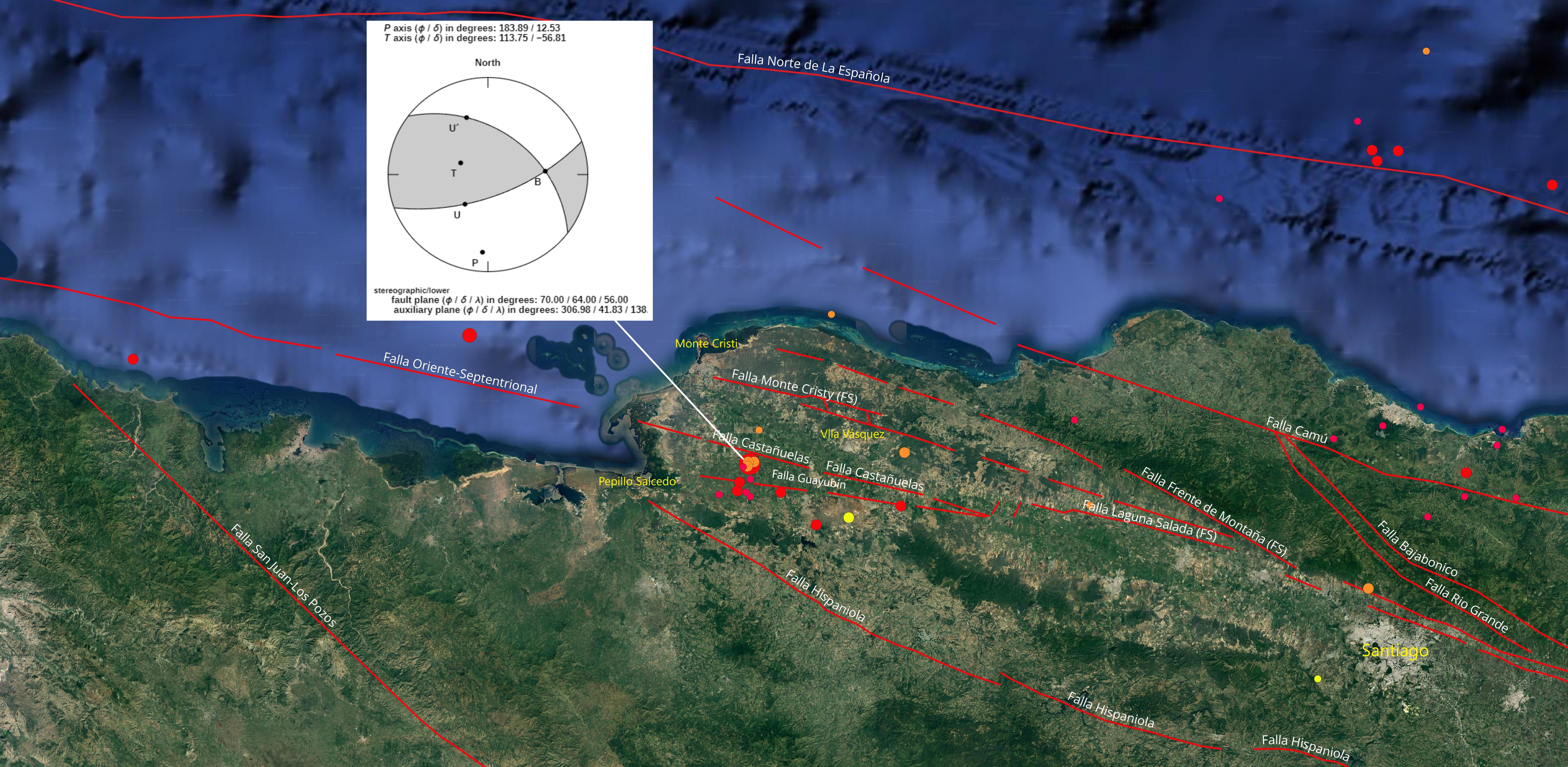Imagen N° 3: Detalle del evento del 10 de noviembre, Ml 5.1, 14 km de profundidad. y sus réplicas. Se muestra en recuadro el mecanismo focal (Focmec), gráfico cortesía de Scherbaum et al, 2009. Con lineamientos rojos, las principales fallas de la región.