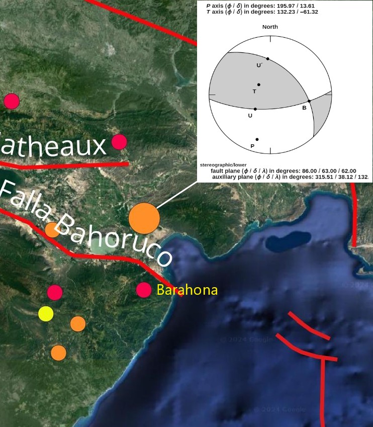 Imagen N° 3 mostrando parte de la sismicidad en la región de Barahona y en recuadro, el mecanismo focal determinado para el temblor del 22 de agosto de Ml 3.2 y 18 km de profundidad. Imagen de mecanismo cortesía de Scherbaum et al, 2009