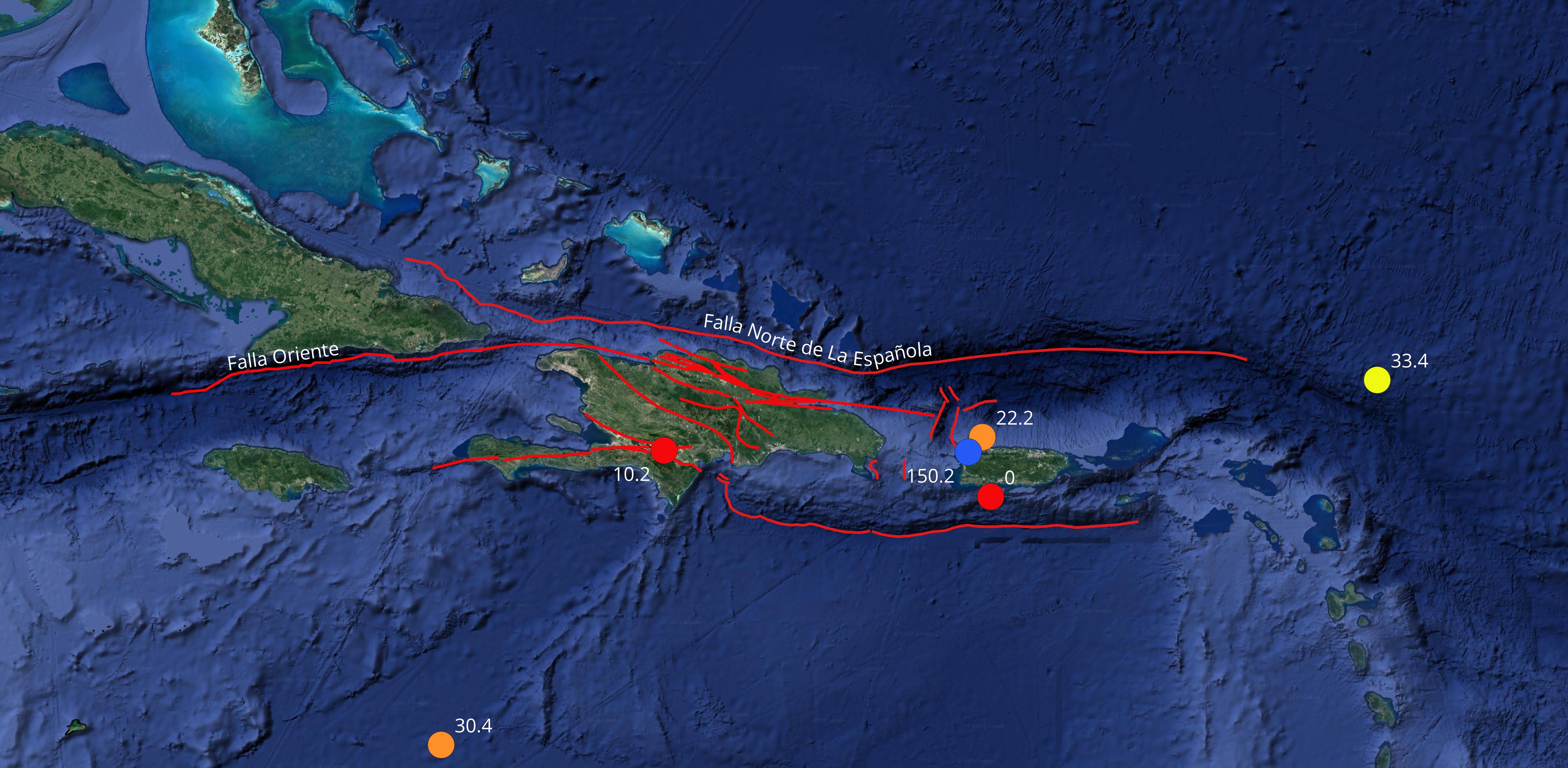 Imagen N° 2: Mapa parcial del Caribe mostrando los 6 eventos de magnitudes superiores a 4.0. Se indica además la profundidad (km) de cada epicentro 