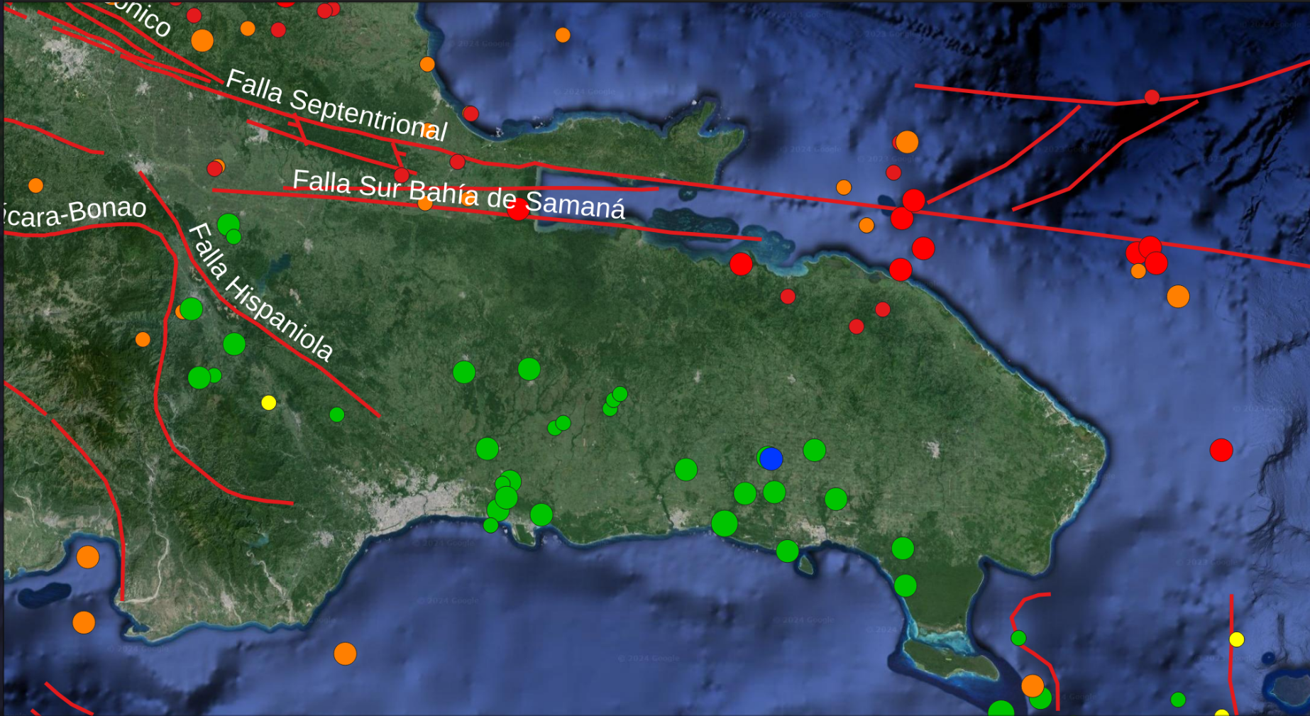 La Imagen N° 3: Podemos visualizar la sismicidad a  profundidad entre 70-150 Km (globos verdes) en la región este, notar ausencia de la sismicidad en Hato Mayor. Considerar que los globos verdes también se refieren a distintas magnitudes. Sin embargo, tenemos dos enjambres: Boca Chica, seis eventos sísmicos y noreste de Miches, eventos sísmicos con profundidad entre 0-15 Km de distintas magnitudes. Un solo evento con profundidad mayor a 150 Km (globo azul), este evento sísmico tiene 152 Km de profundidad con una magnitud de 2.2, capturado por 9 estaciones sísmicas el 29 de junio del 2024.