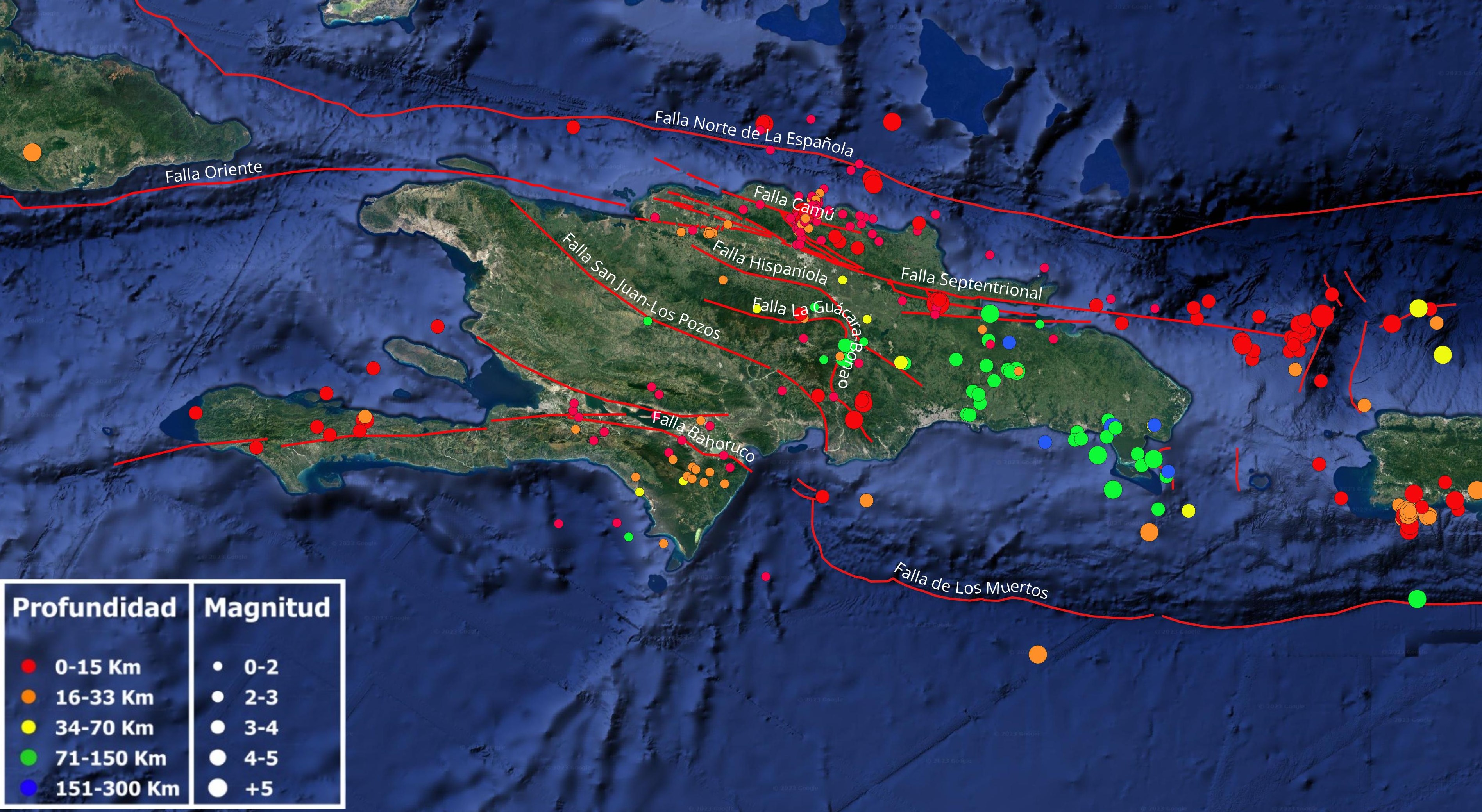 Mapa cortesía de Google Earth mostrando la actividad sísmica de la isla de La Española en el mes de mayo 2023