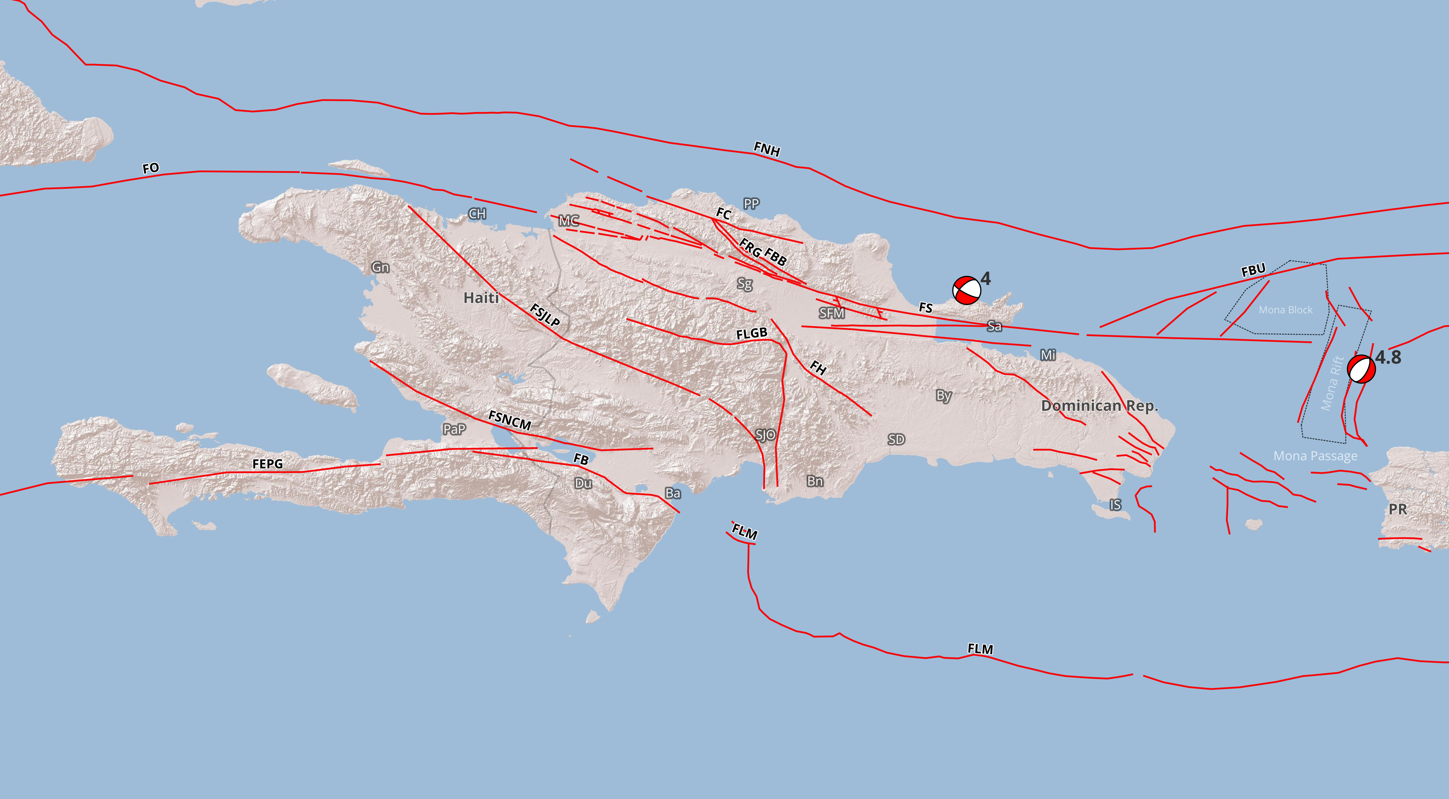 Imagen N° 3, mapa de la isla de La Española mostrando los dos mecanismos focales obtenidos en el mes de julio 2026, ilustrados como 