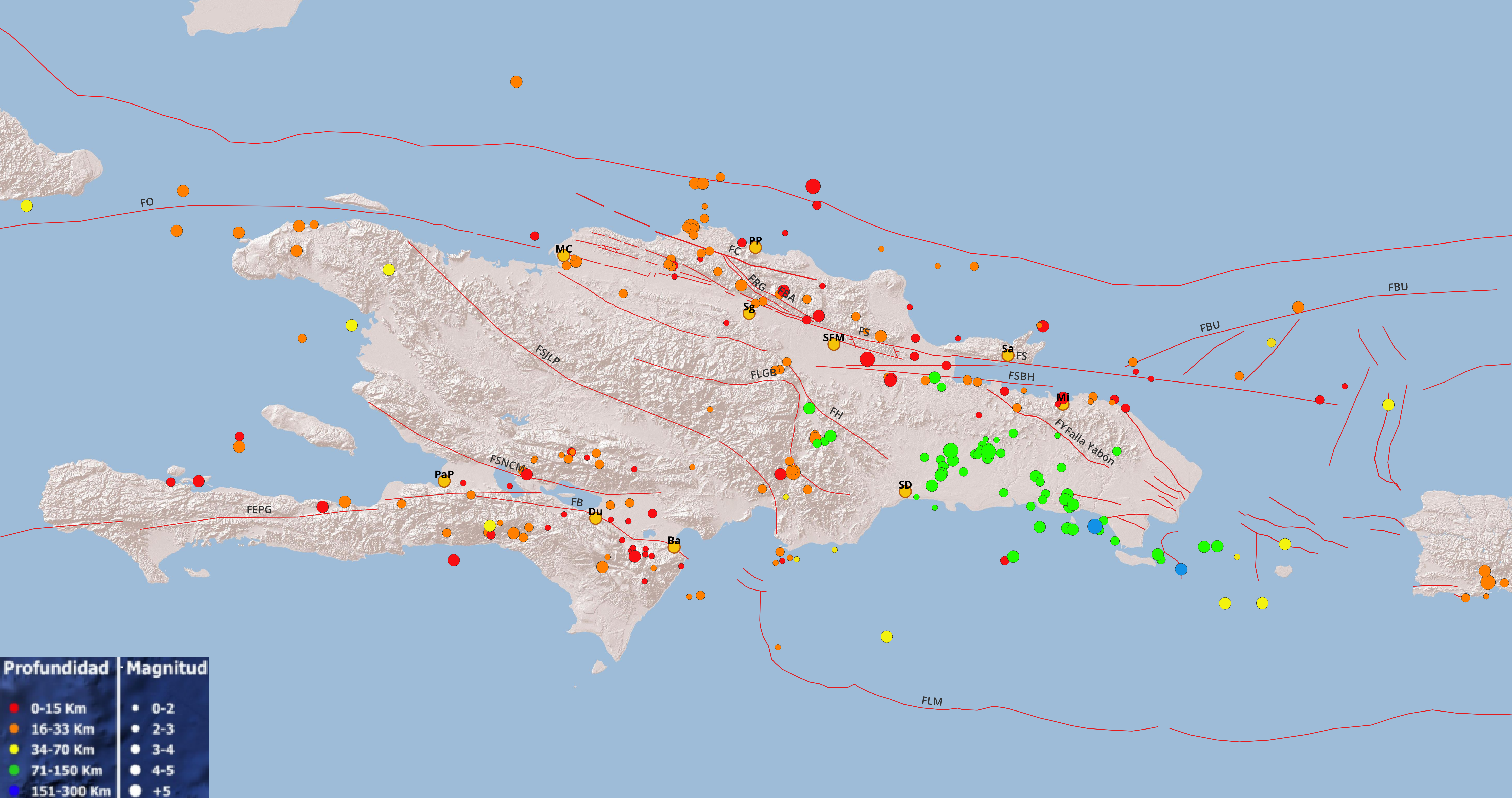 Imagen N° 1 , mapa de La Española cortesía de Esri maps mostrando con globos en colores los diferentes epicentros registrados durante el mes de noviembre 2025. Con lineamientos rojos, las principales fallas compiladas de diferentes trabajos publicados: FNH: Falla Norte de la Hispaniola, FC: Falla Camú, FRG: Falla Rio Grande, FS: Falla Septentrional, FO: Falla Oriente, FBU: Falla Bunce, FSBH: Falla Sur Bahía de Samaná, FY: Falla Yabón, FH: Falla Hispaniola, FLGB: Falla La Guácara-Bonao, FSJLP: Falla San Juan-Los Pozos, FSNCM: Falla Sierra de Neiba-Chaines des Matteaux, FEPG: Falla Enriquillo-Plantain Garden, FB: Falla Bahoruco, y FLM: Falla Los Muertos. PaP: Puerto Príncipe, PP: Puerto Plata, Ba: Barahona, SD: Santo Domingo, Bn: Baní, Du: Duvergé, MC: Monte Cristi, Sg: Santiago, SFM: San Francisco de Macorís, By: Bayaguana, Sa: Samaná, Mi: Miches, SJO: San José de Ocoa, IS: Isla Saona