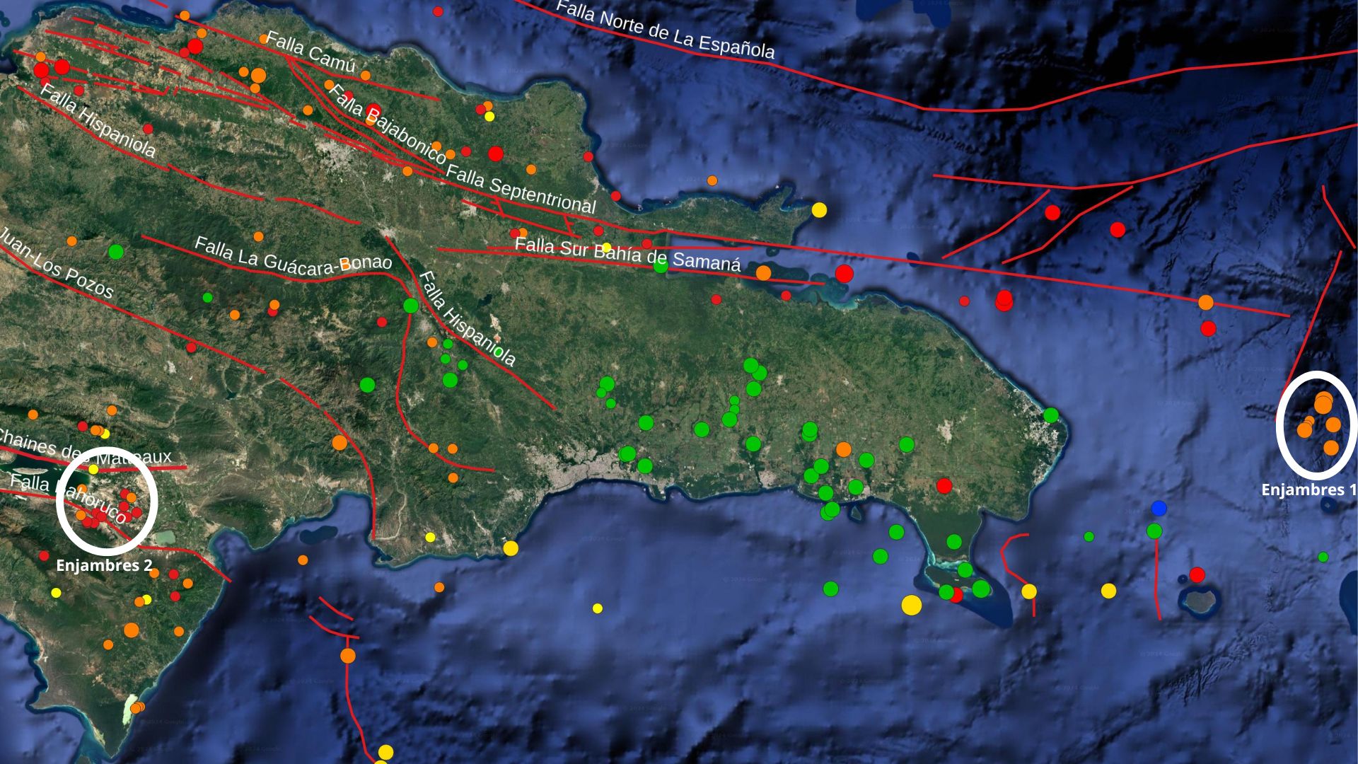 Imagen N° 2, mapa de detalle al este, con los enjambres en República Dominicana y sus alrededores (Canal de La Mona). El enjambre 1 se encuentra en el Océano Atlántico, Canal de La Mona; siete eventos sísmicos con magnitudes entre 1.9-3.2 y profundidades entre 22Km- 32.6Km. Enjambre 2 se encuentra entre las provincias Independencia y Bahoruco; 15 eventos sísmicos.