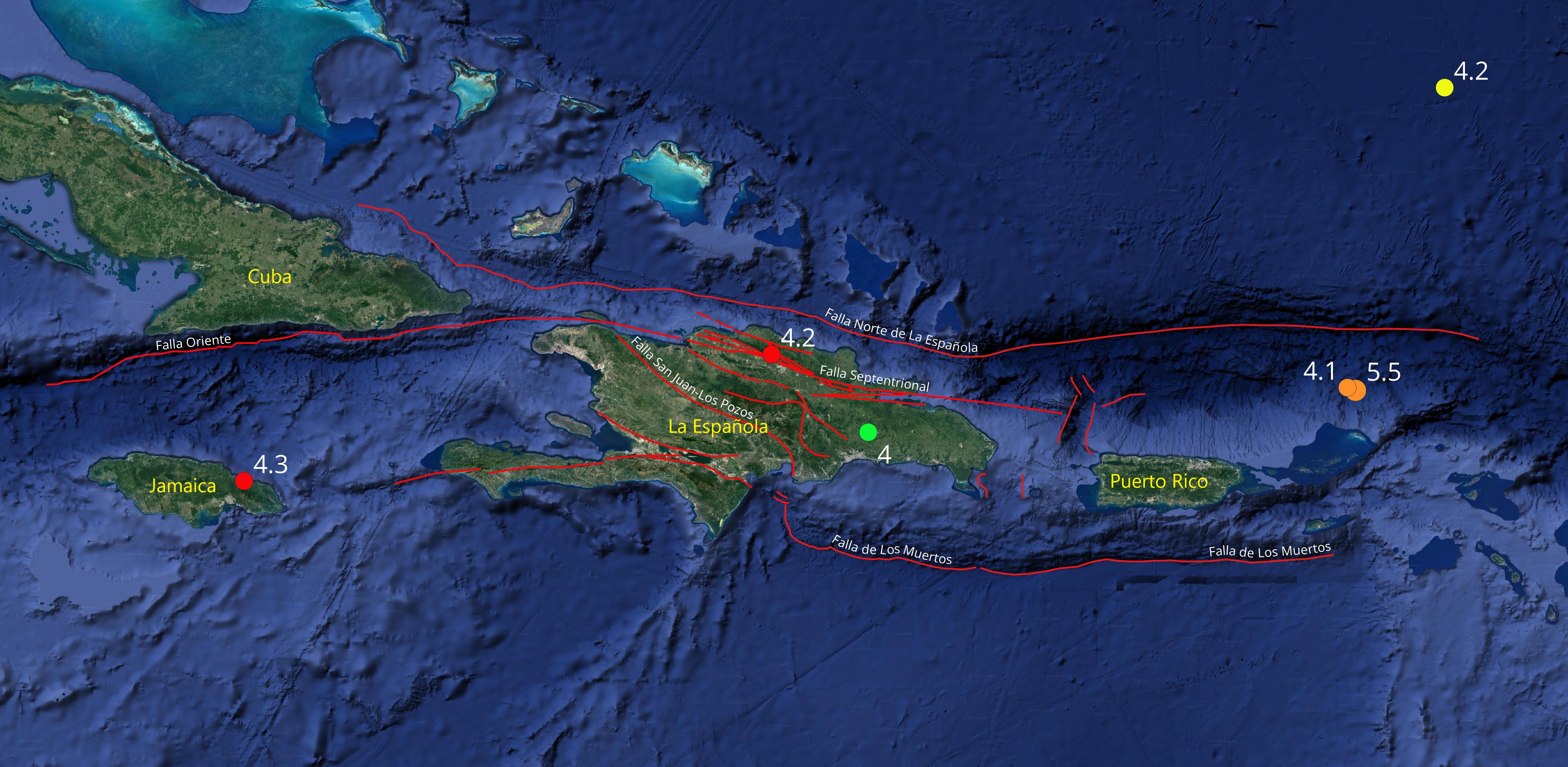 Imagen N° 2 : Mapa del Caribe nororiental mostrando los 5 eventos sísmicos con magnitudes de 4.0 y superiores durante el pasado mes de septiembre 2023