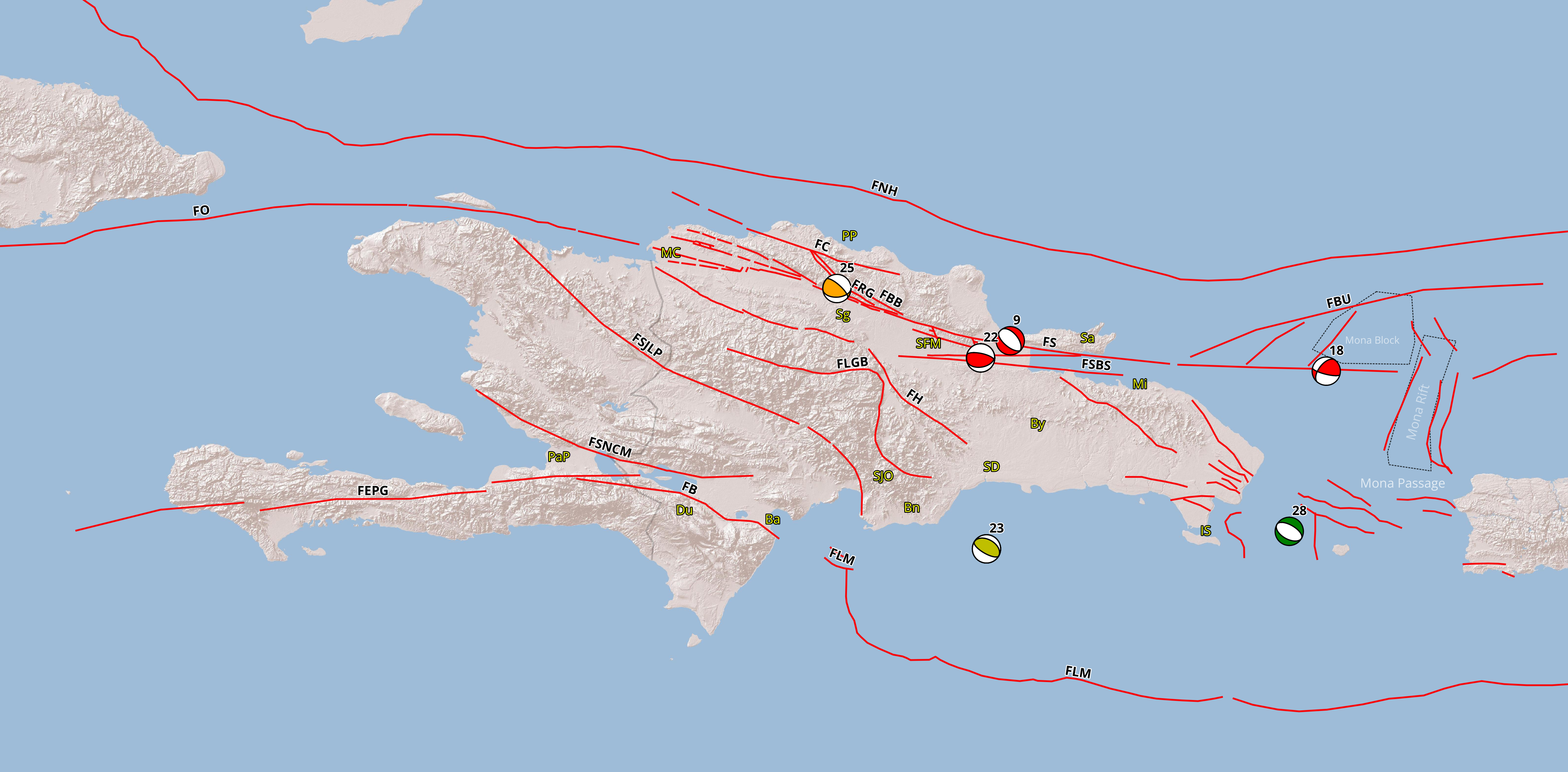 Imagen N° 2, mapa de La Española mostrando los 6 mecanismos focales determinados representados como Globos de Playa (Beach Balls). Leyenda para fallas y ciudades, en subtítulo Imagen N° 1