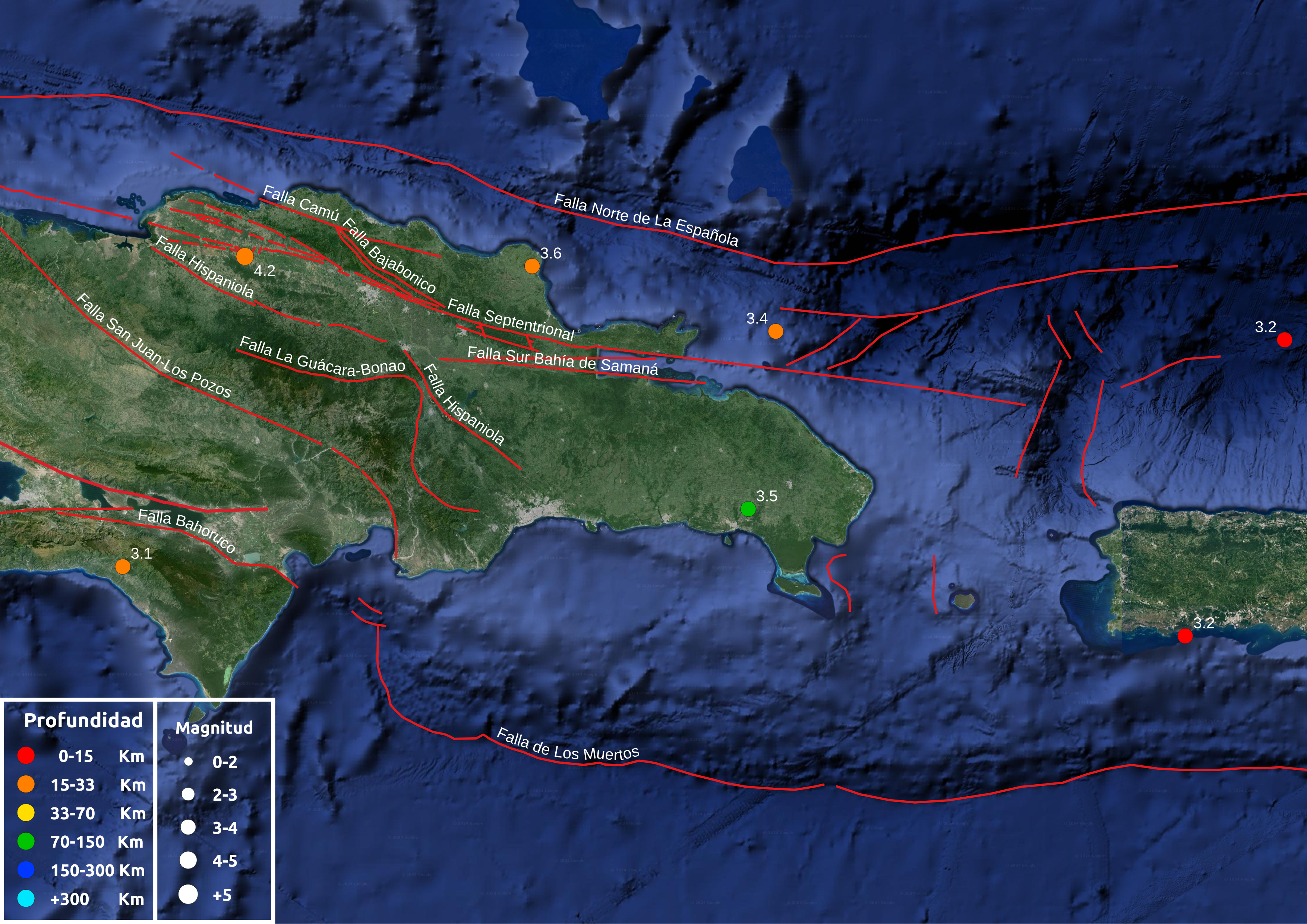 Imagen N° 3, Mapa de la isla de La Española con los temblores más significativos por magnitud (Ml >= 3.0); los temblores que superaron la magnitud de 3.0 en la escala local (Richter).